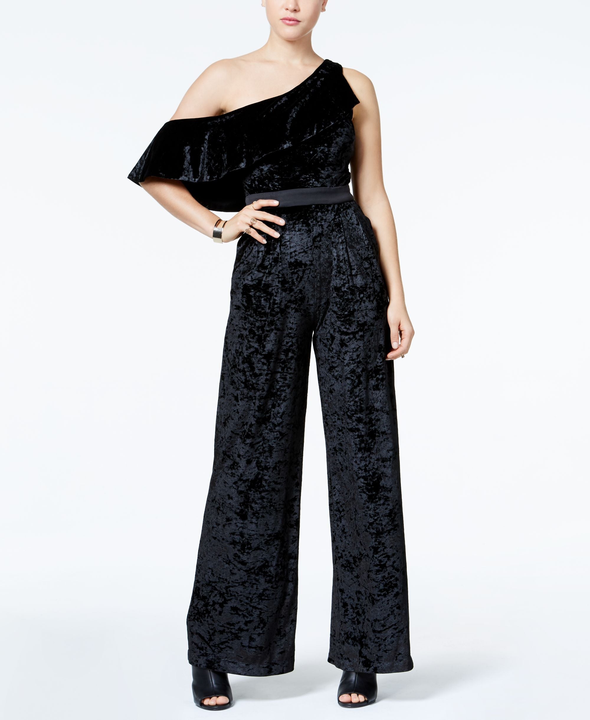 Juniors' Velvet One Shoulder Ruffle Jumpsuit