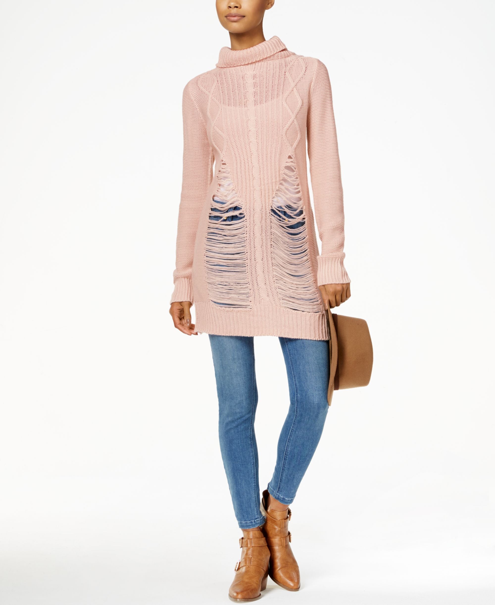 Juniors' Ripped Turtleneck Tunic Sweater