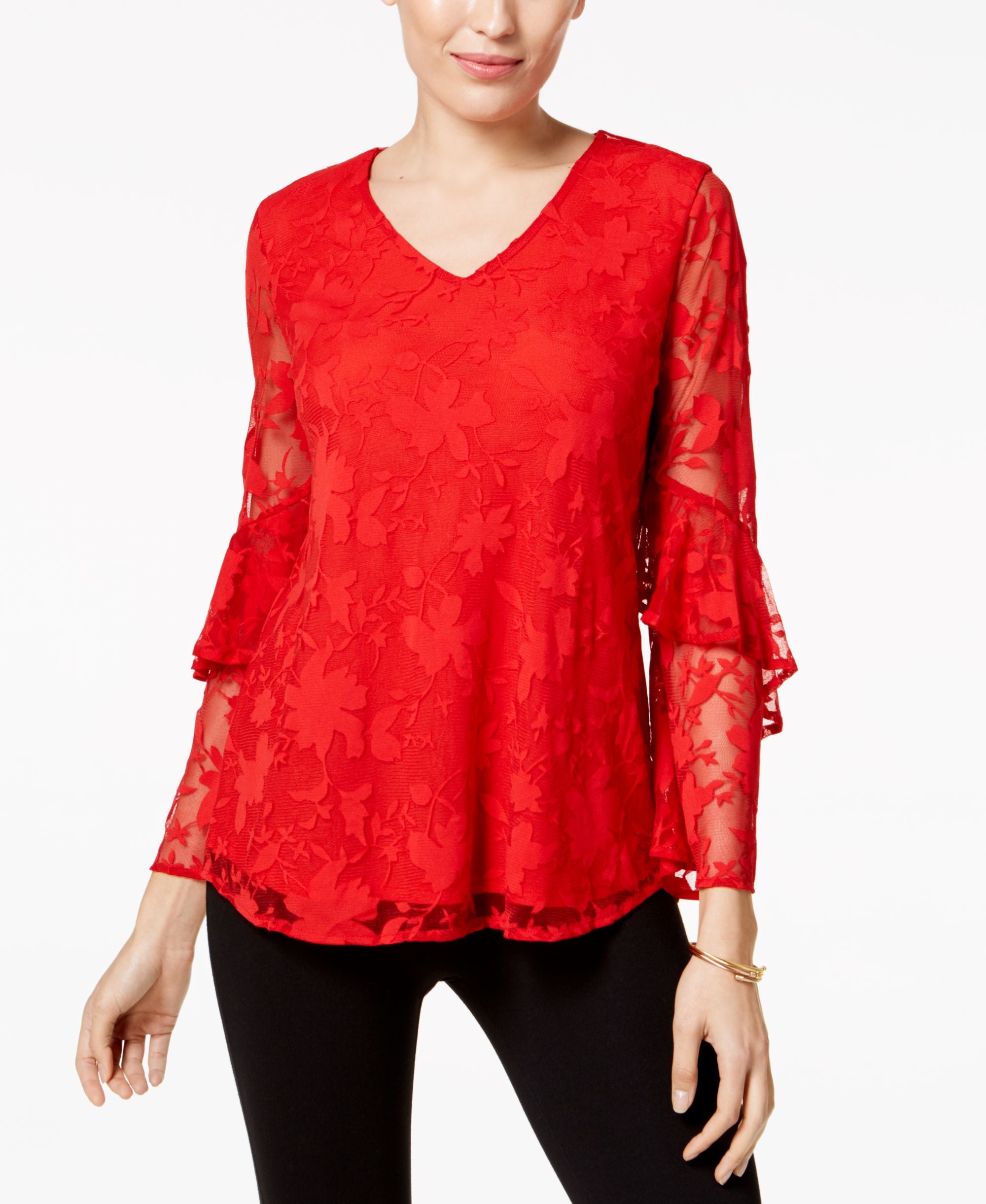 Alfani Petite Lace Ruffled Sleeve Top