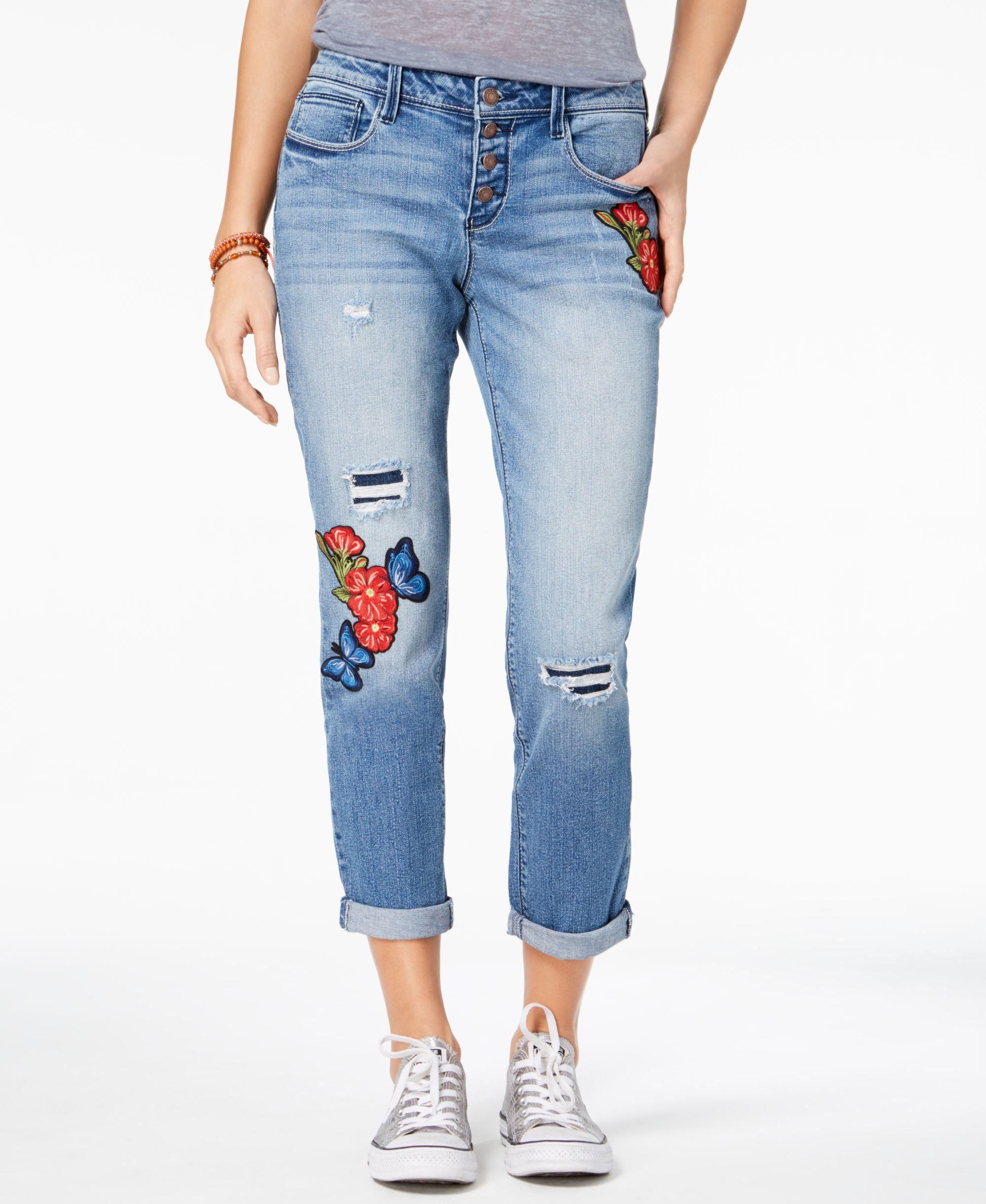 Juniors' Jamie Ripped Applique Relaxed Fit Girlfriend Jeans