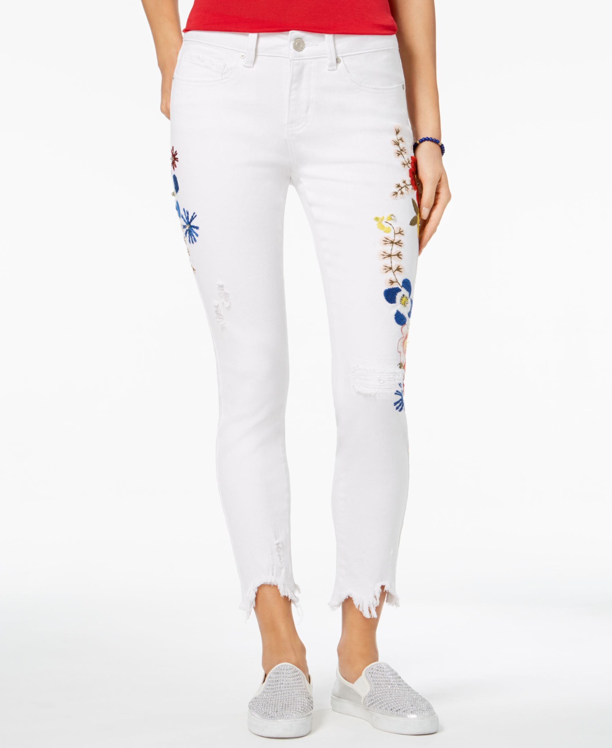 Indigo Rein Juniors Embellished Ripped Skinny Ankle Jeans