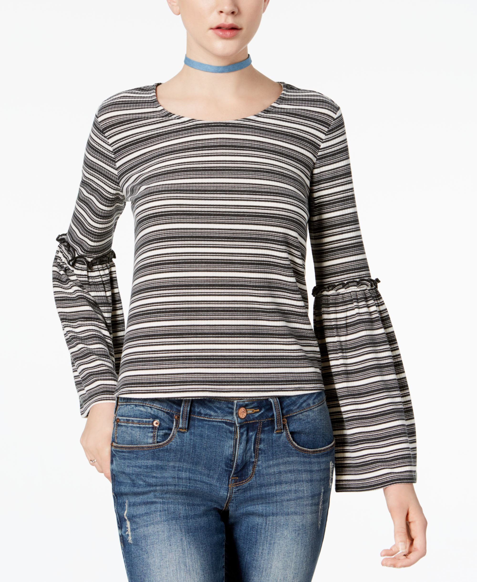 Love Fire Juniors Striped Rib Knit Bell Sleeve Top