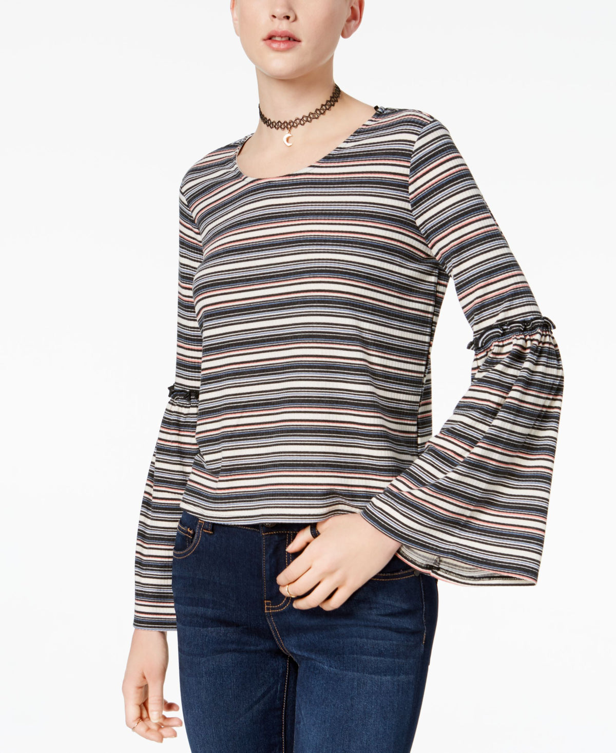 Love Fire Juniors Striped Rib Knit Bell Sleeve Top