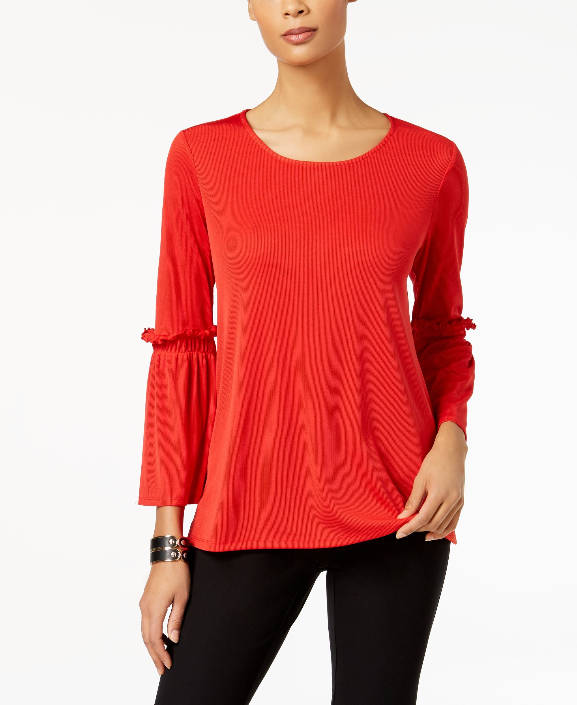 Alfani Rib Knit Ruffled Sleeve Top