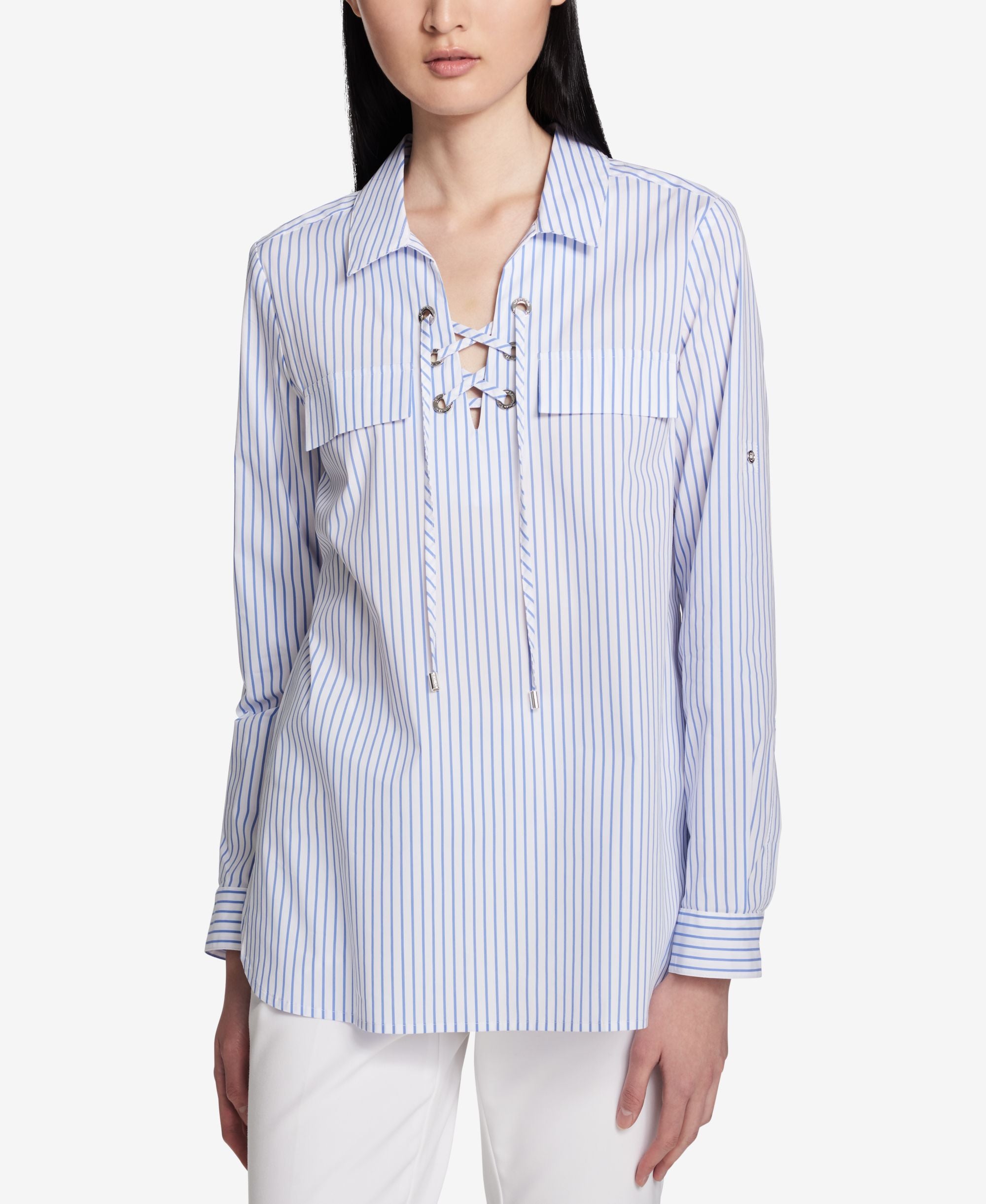 Calvin Klein Cotton Lace Up Pinstriped Top