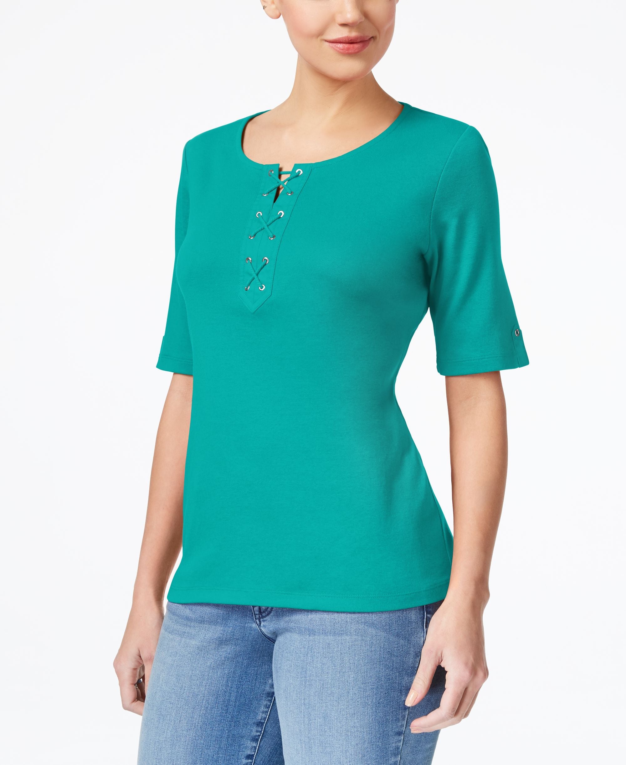 Karen Scott Cotton Lace Up T-Shirt