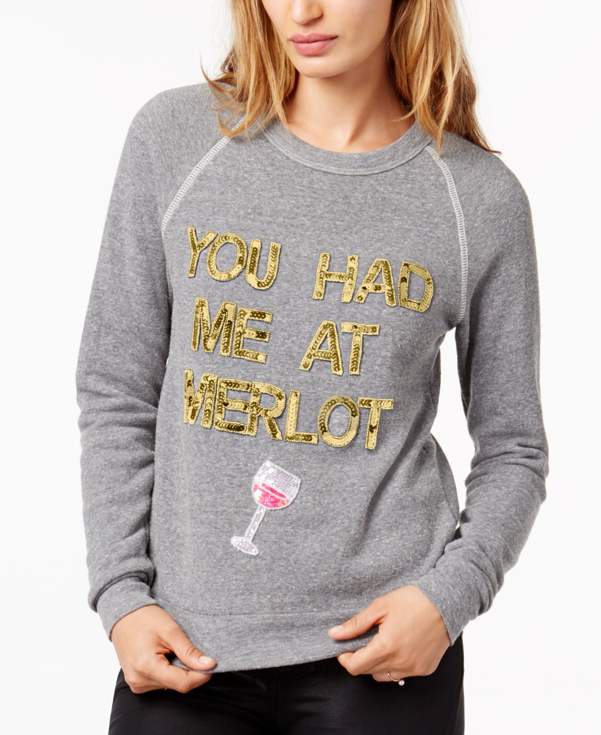 Bow Drape You Had Me At Merlot Sequined Graphic Sweatshirt