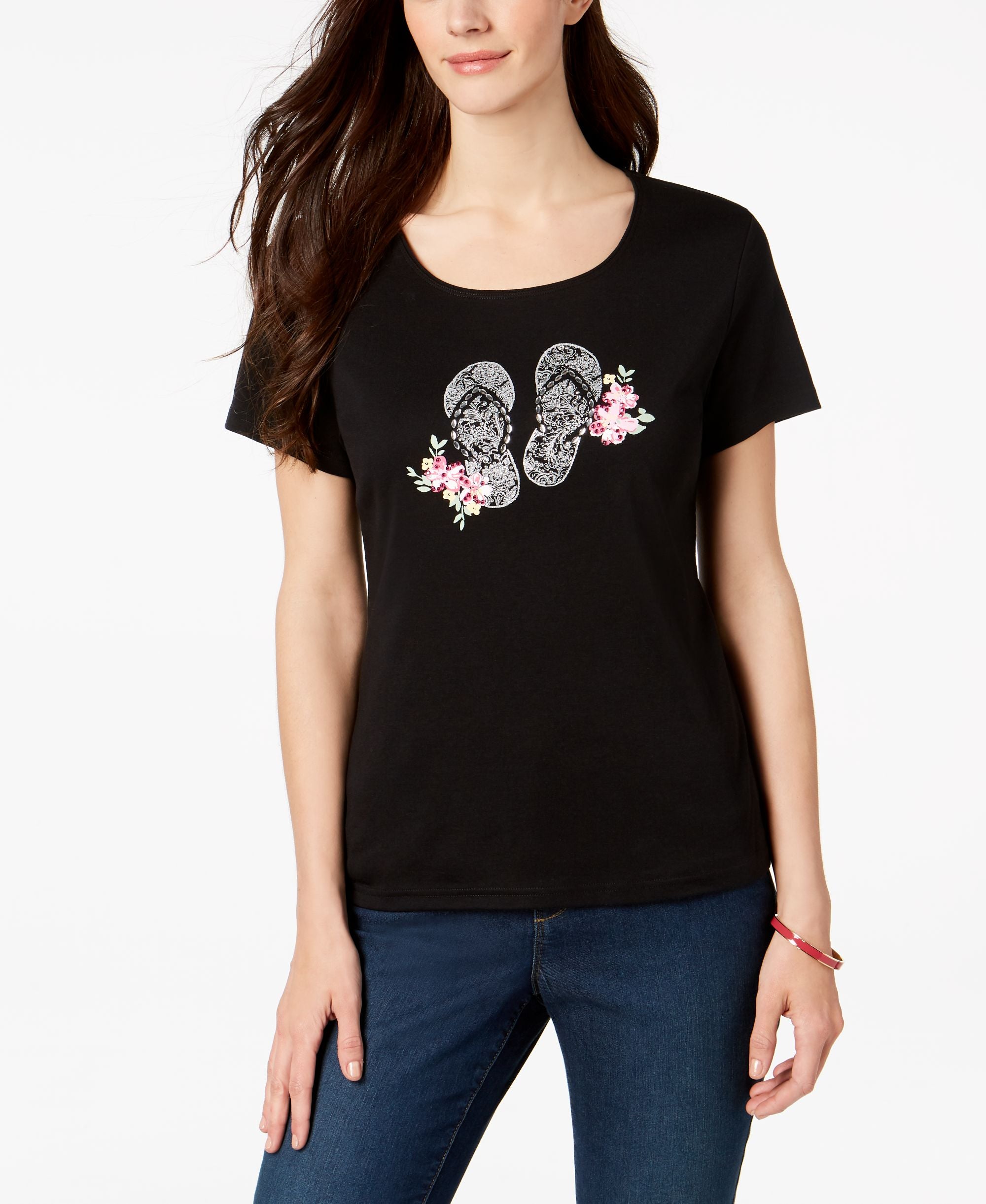 Karen Scott Cotton Embellished Graphic Print T-Shirt