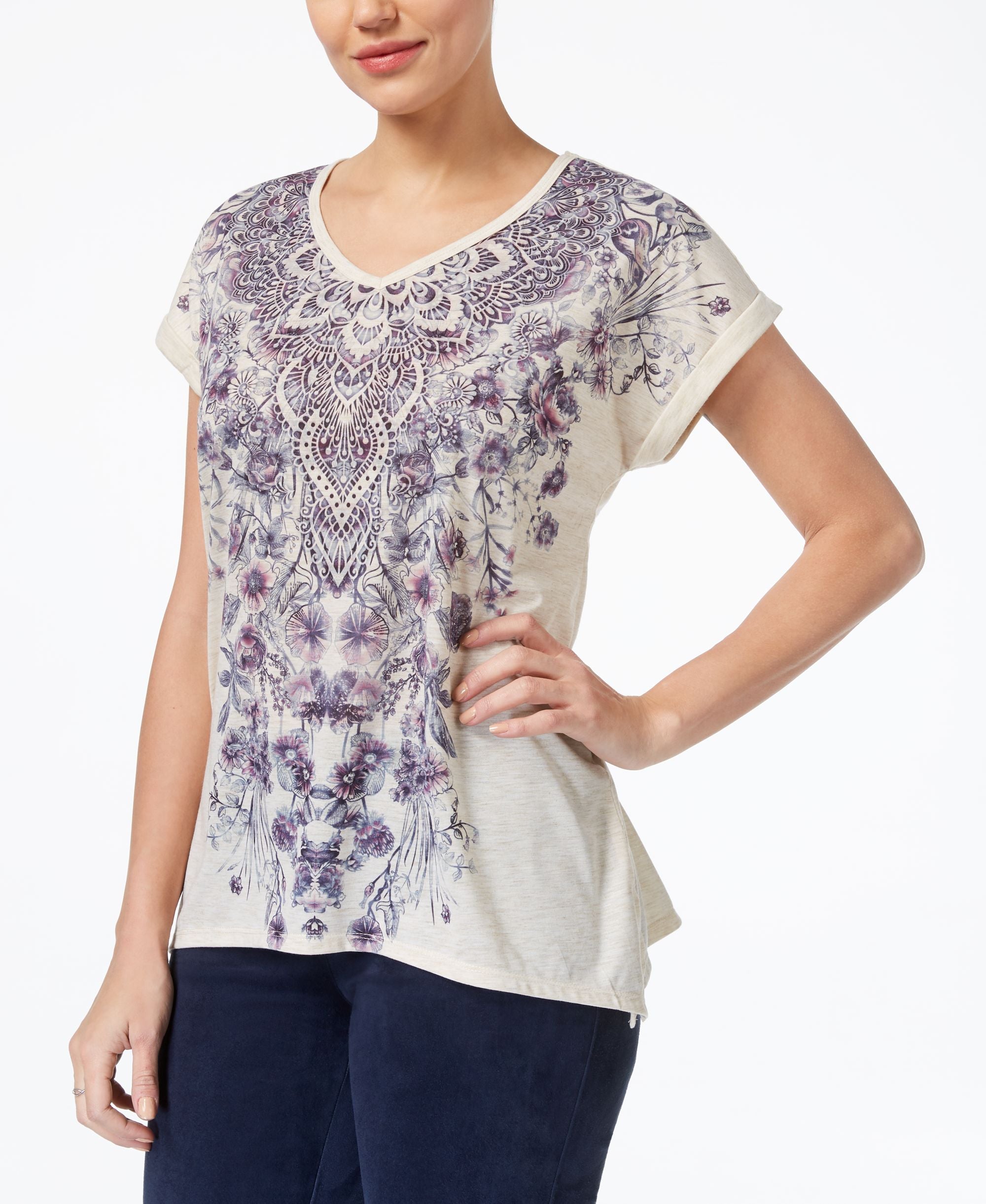 Style & Co Petite Printed Cuff Sleeve T-Shirt