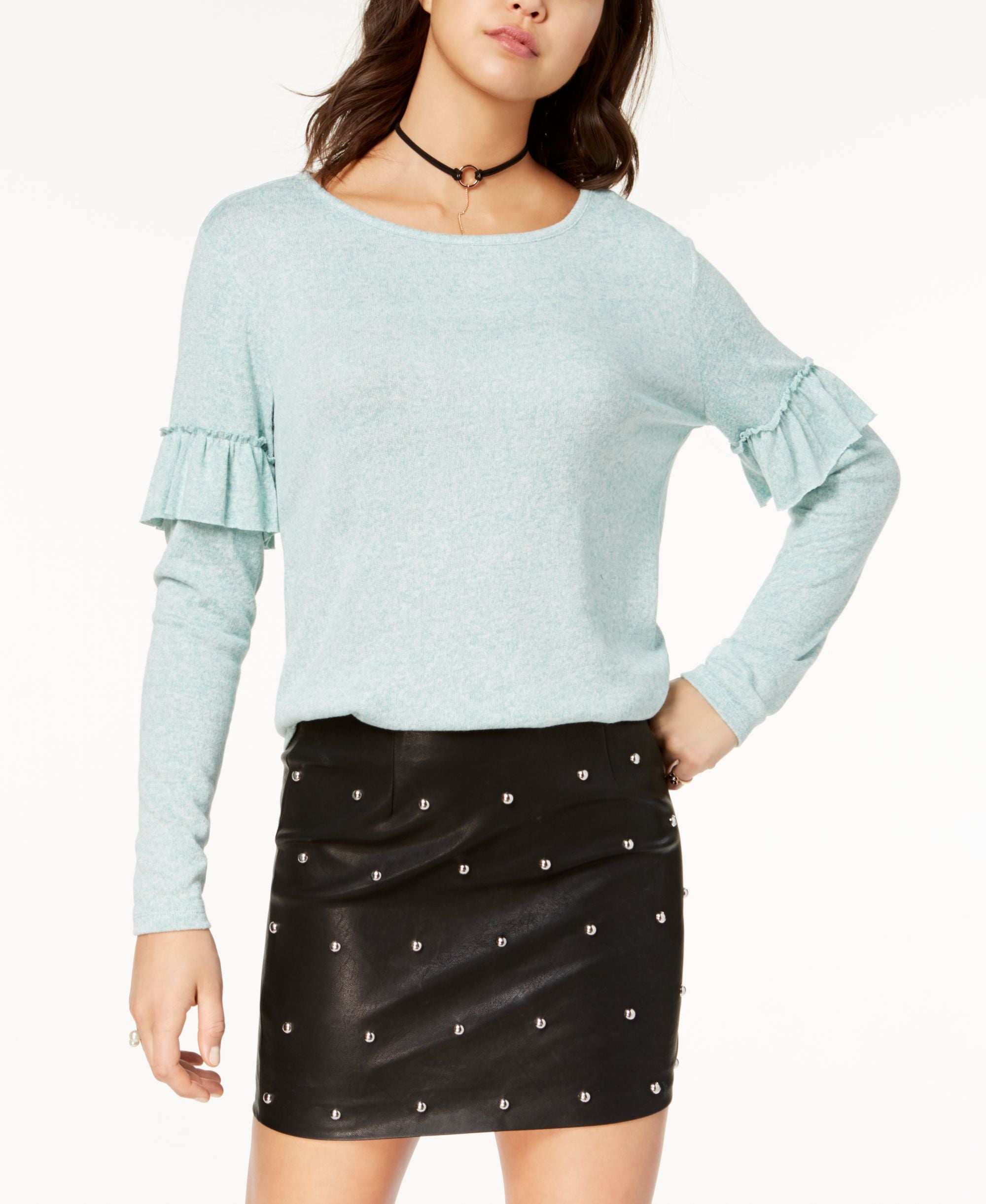 Ultra Flirt Juniors Ruffle Trimmed Marled T-Shirt