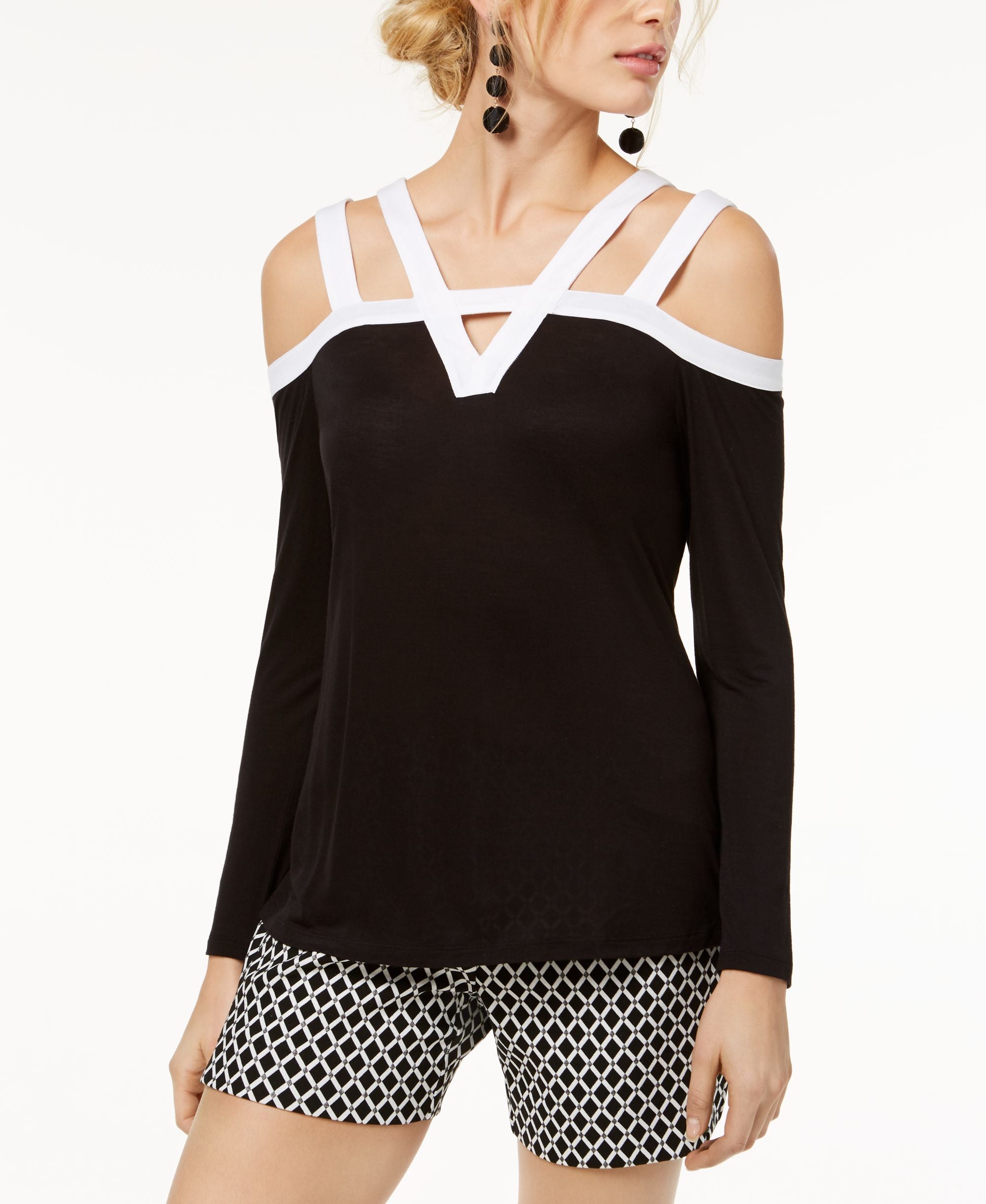 Contrast Trim Cold Shoulder Top