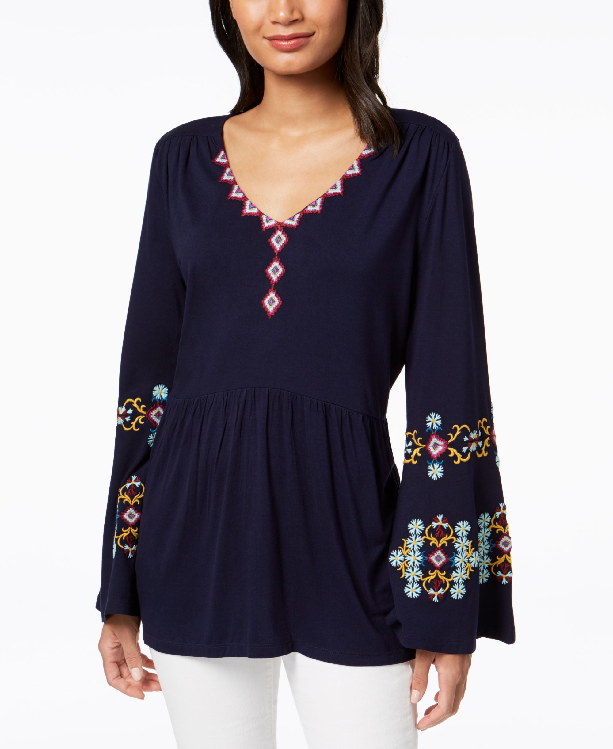NY Collection Embroidered Flare Sleeved High Low Top