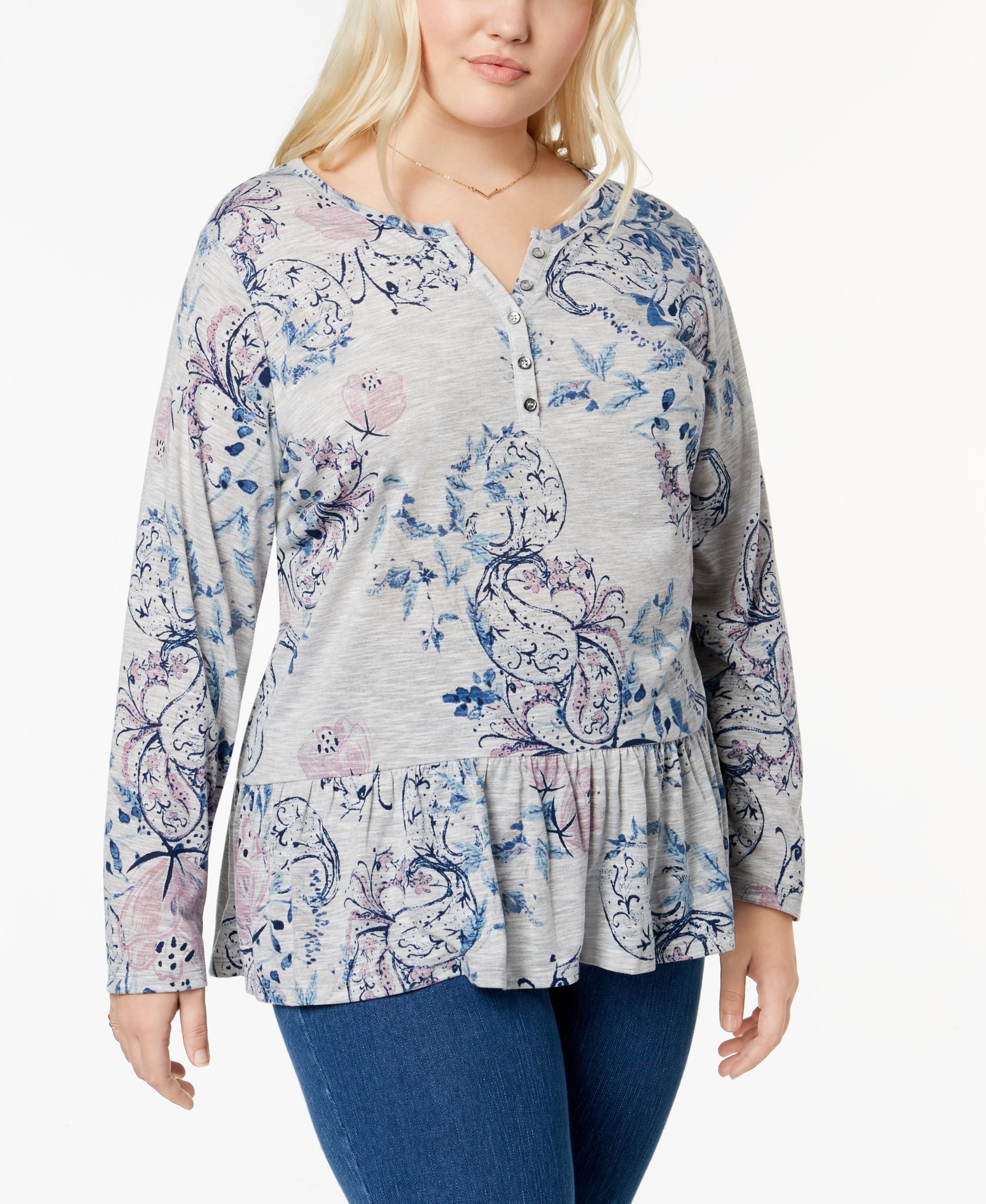 Style & Co Plus Size Printed Ruffled Henley Top