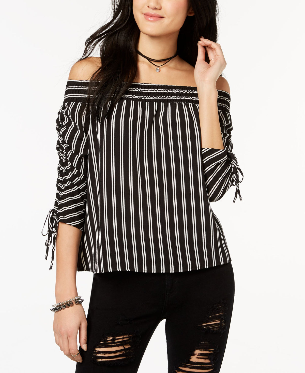 Juniors' Striped Off-The-Shoulder Ruched-Sleeve Top