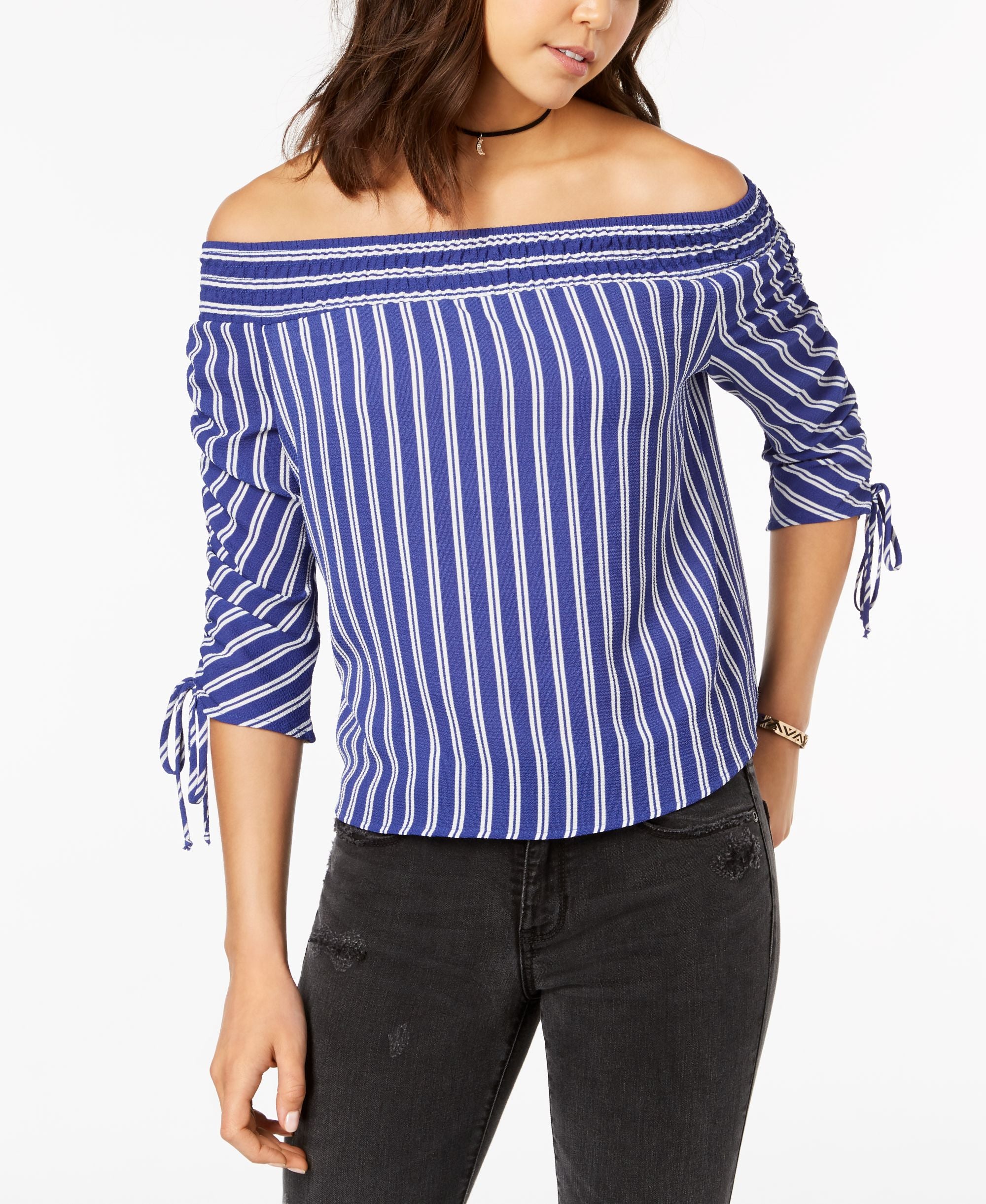 Juniors' Striped Off-The-Shoulder Ruched-Sleeve Top