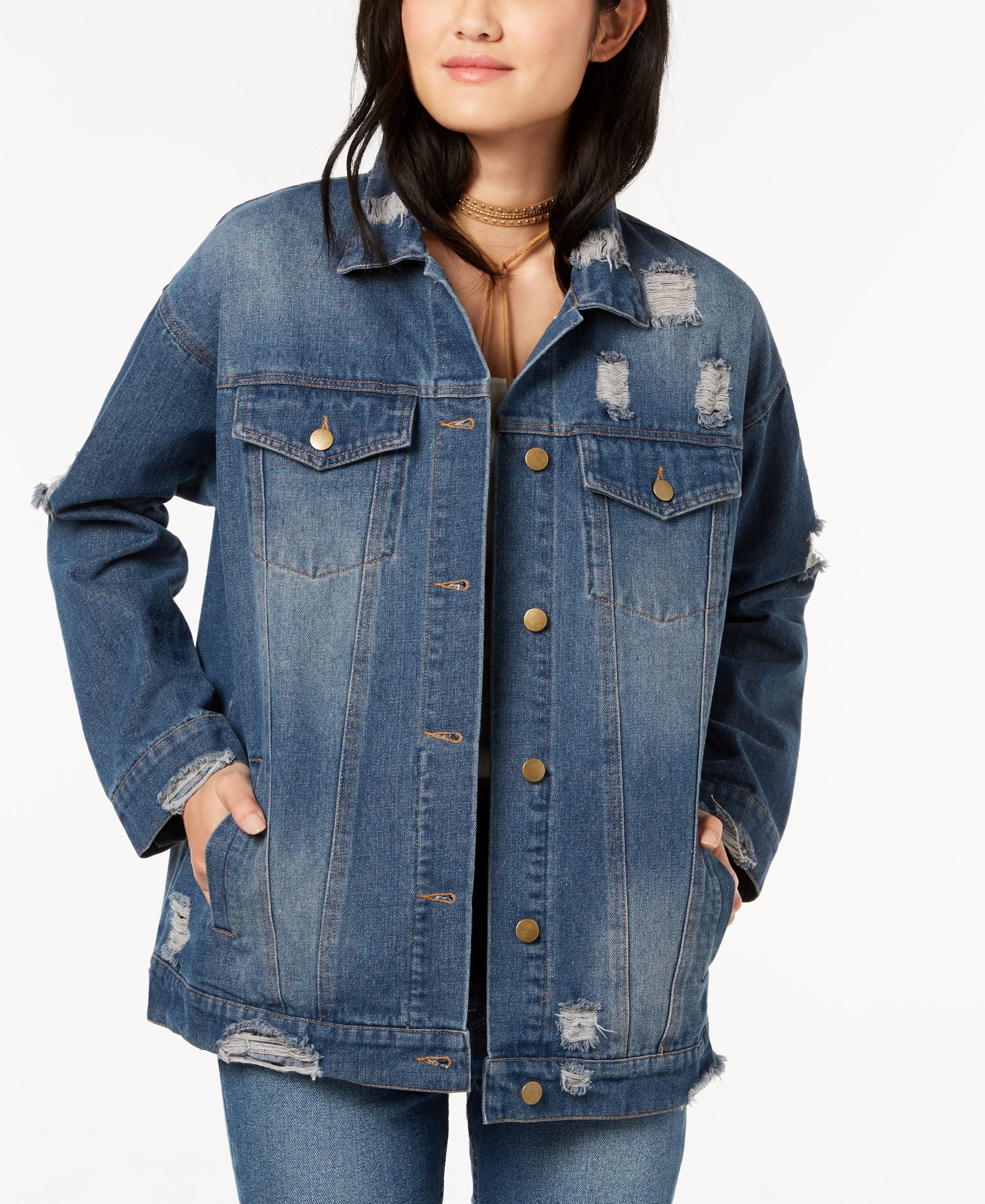 Juniors' Cotton Denim Ripped Trucker Jacket
