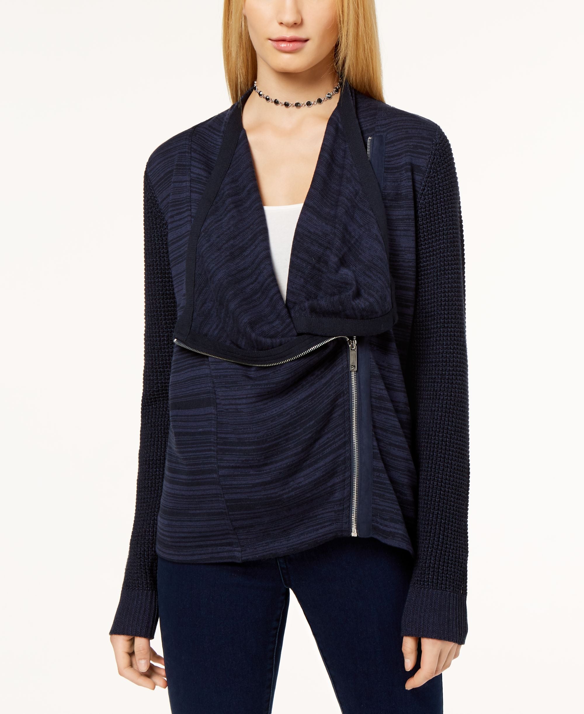 Mixed Knit Zip Front Cardigan