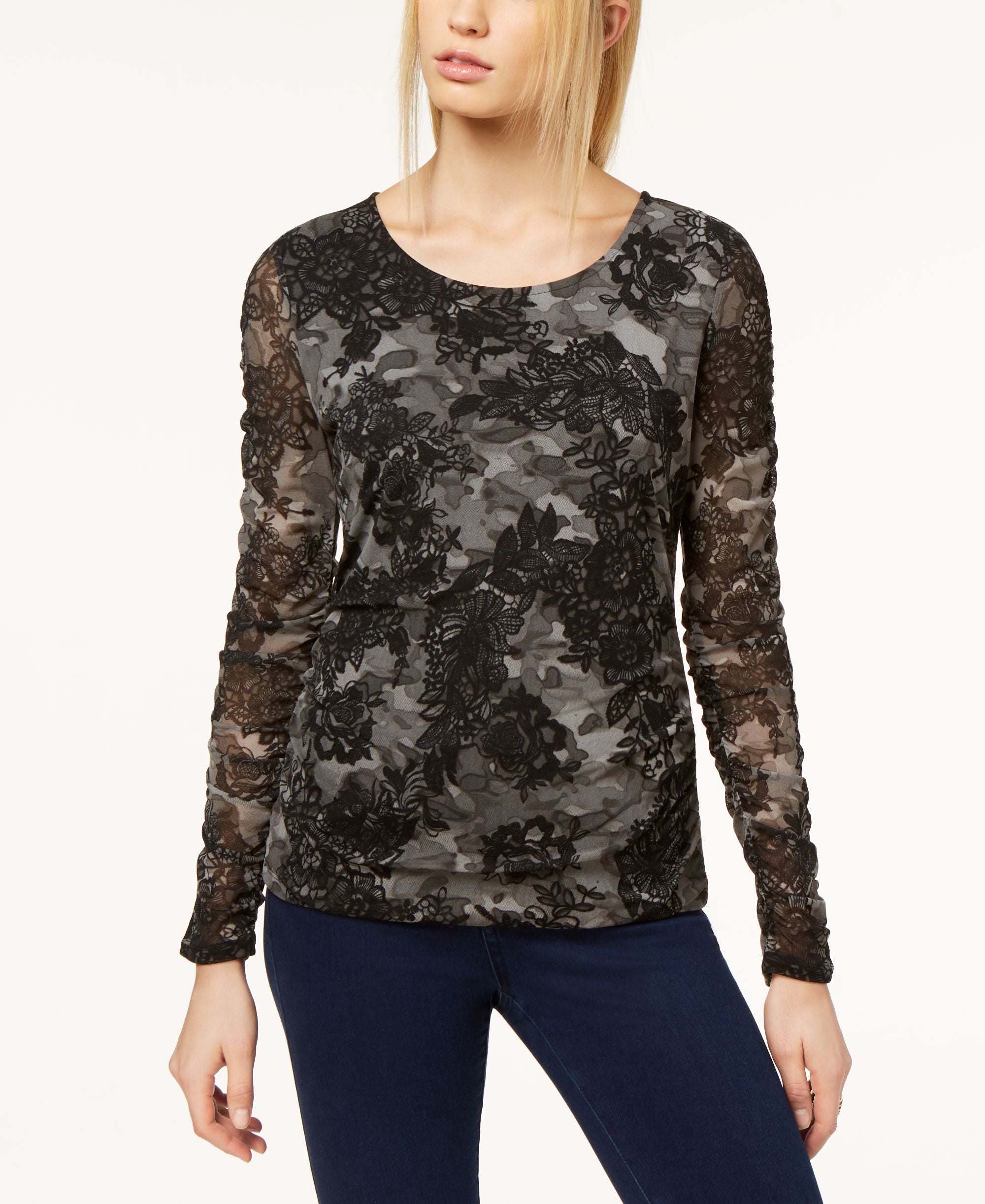 Lace Print Mesh Ruched Sleeve Top