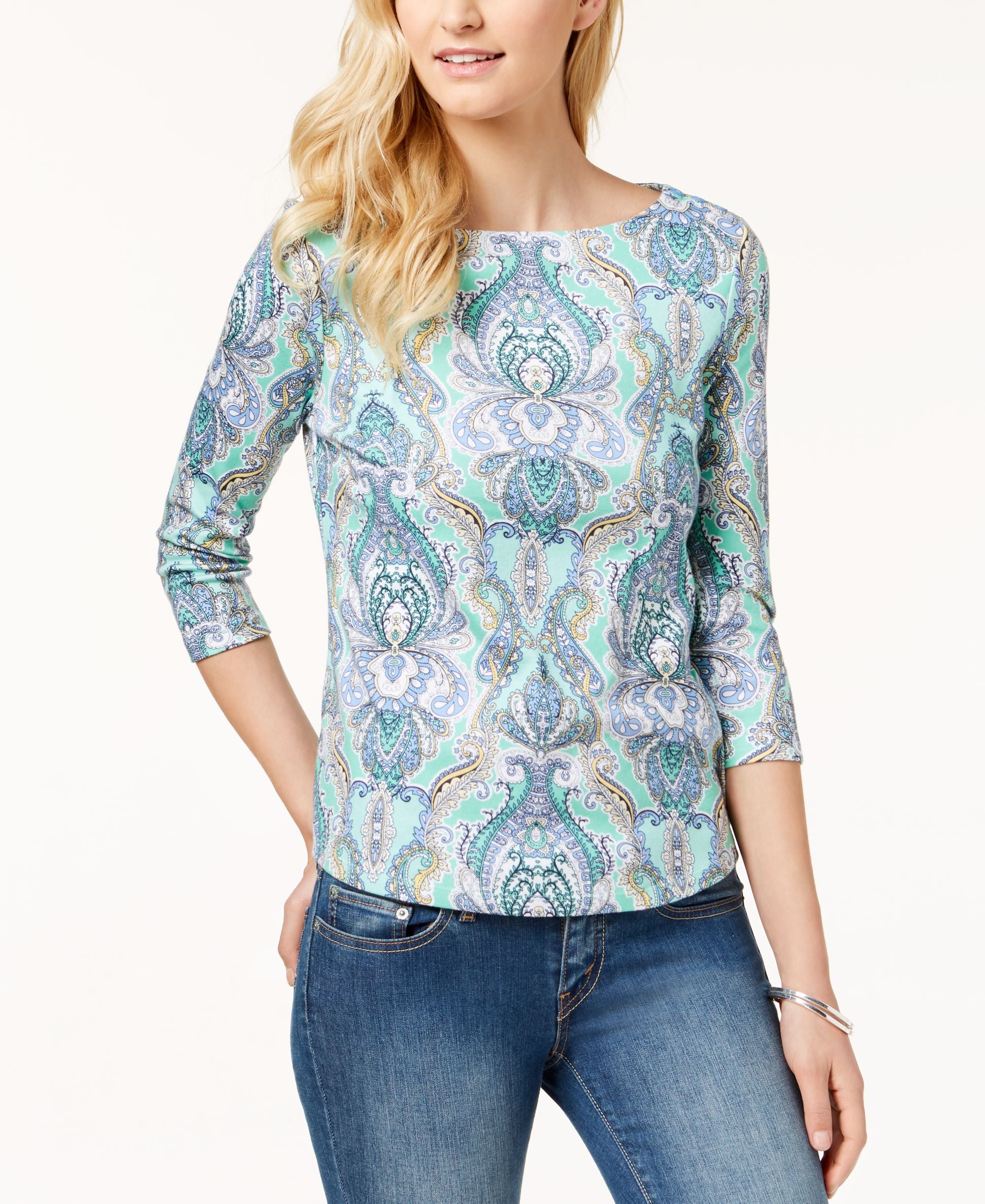 Button-Shoulder Print Top