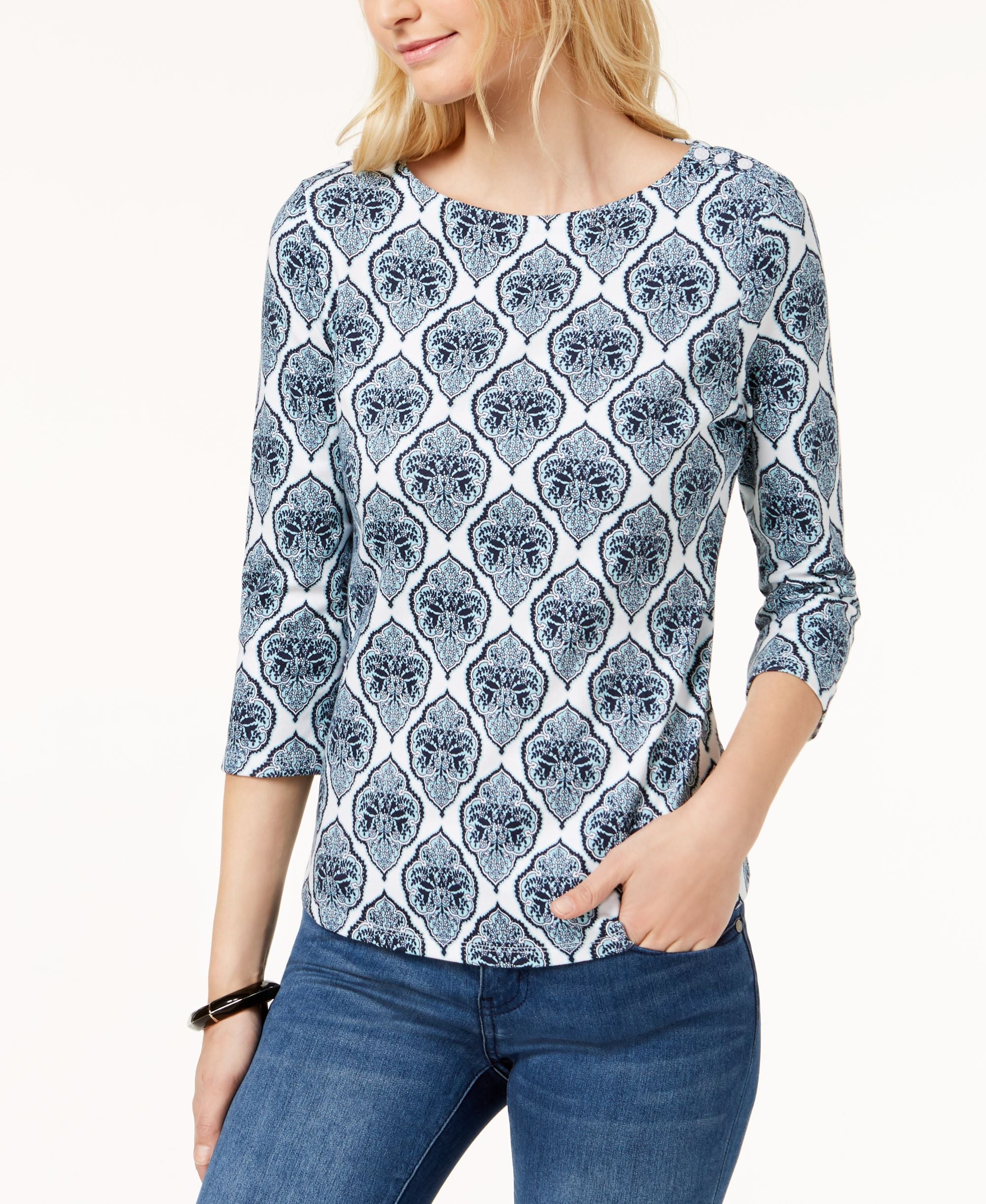 Button-Shoulder Print Top
