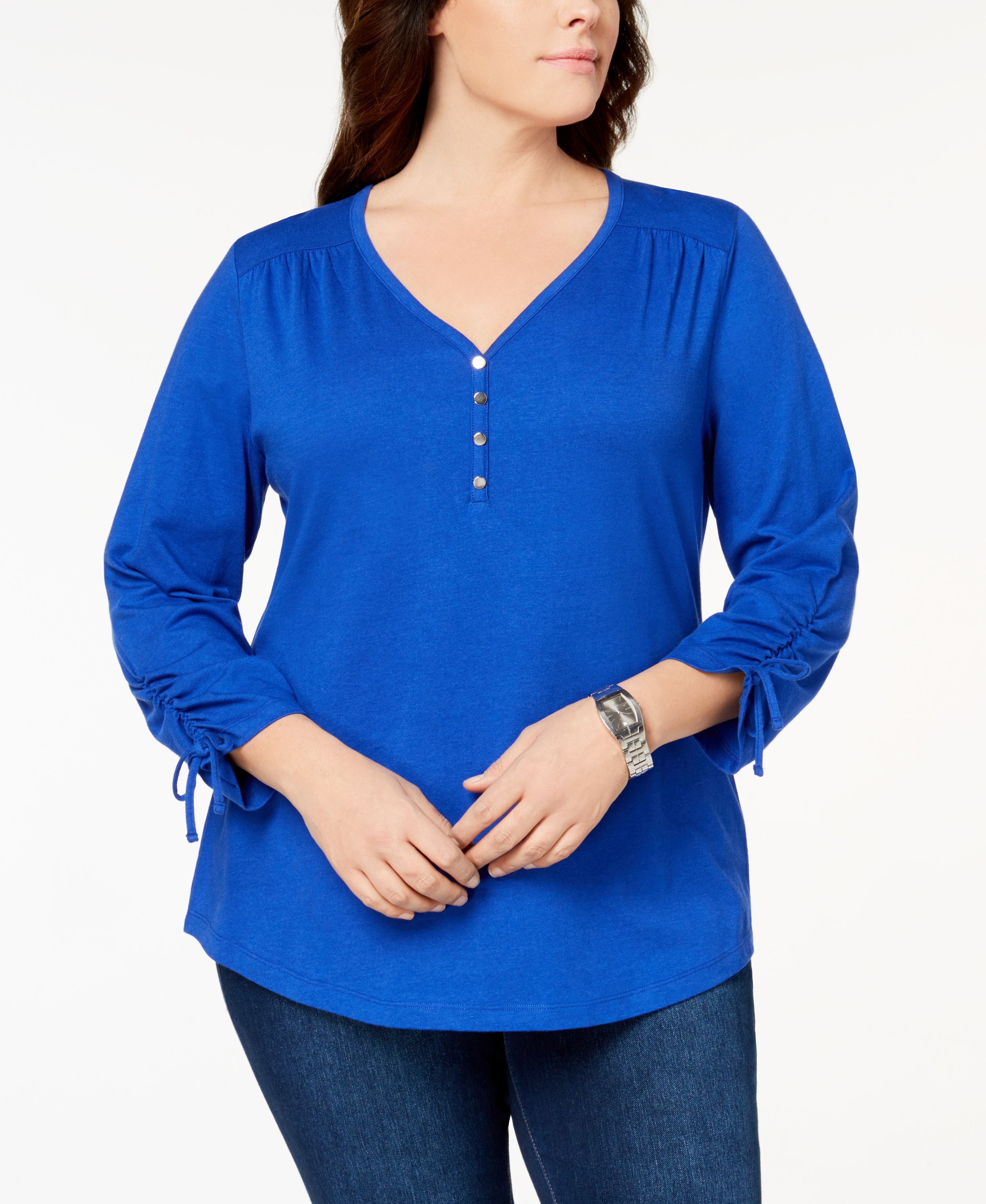 Karen Scott Womens Plus Ruched 3/4 Sleeve Henley Top Ultra Blue 0X