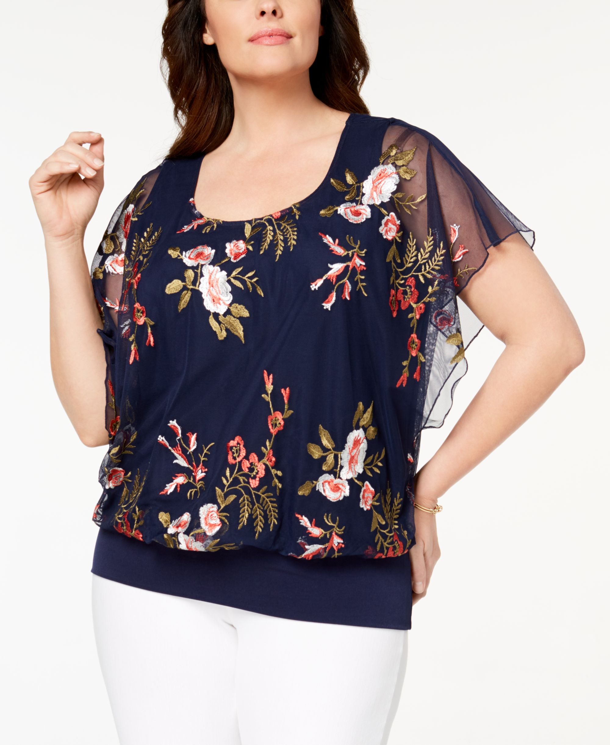 JM Collection Plus Size Embroidered Overlay Top