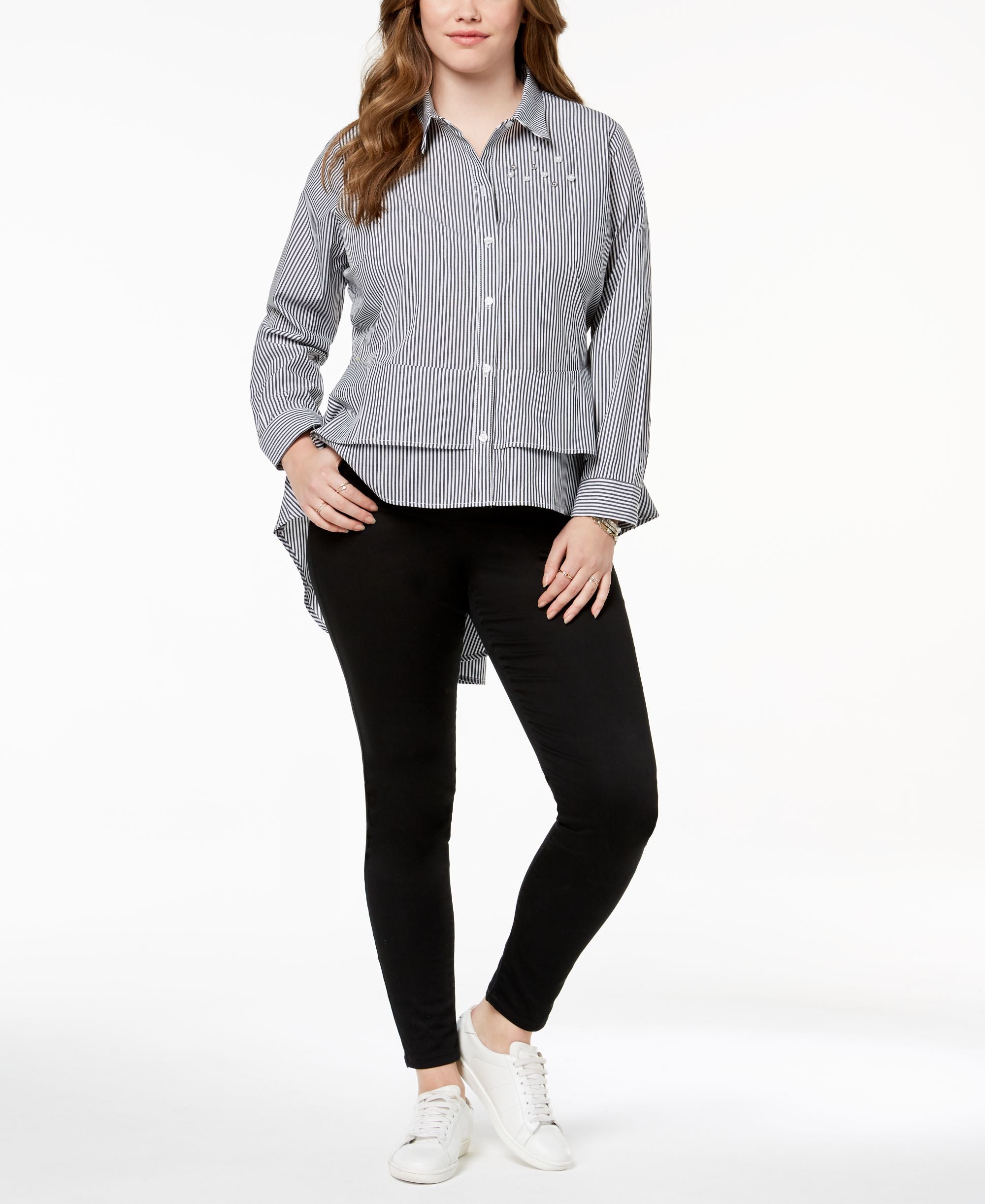 Almost Famous Trendy Plus Size Cotton Embellished High Low Peplum Shirt