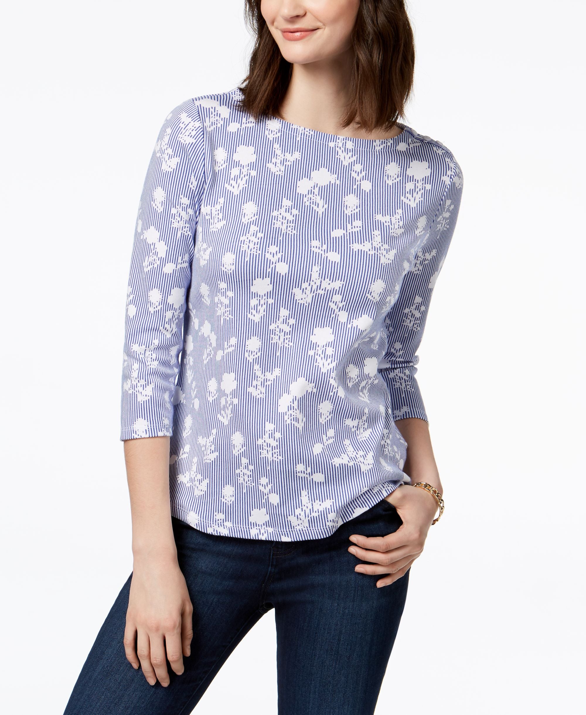 Button-Shoulder Print Top