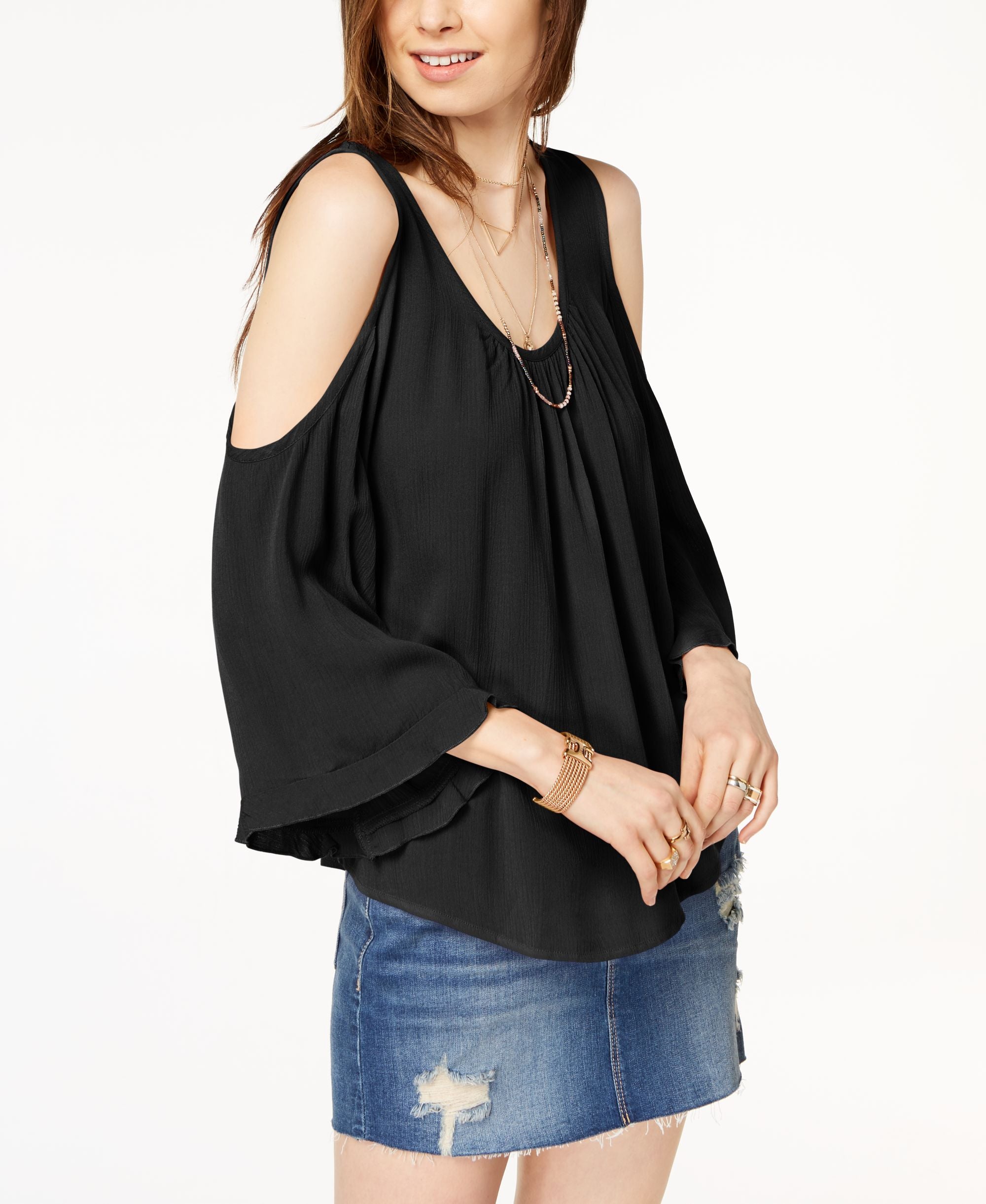 Juniors' Cold-Shoulder Ruffle-Sleeved Blouse