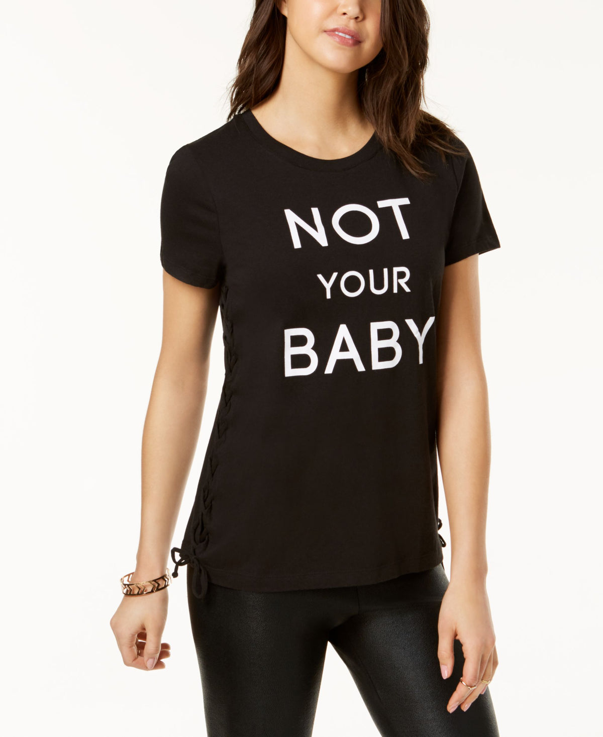 Juniors' Not Your Baby Lace-Up Graphic T-Shirt