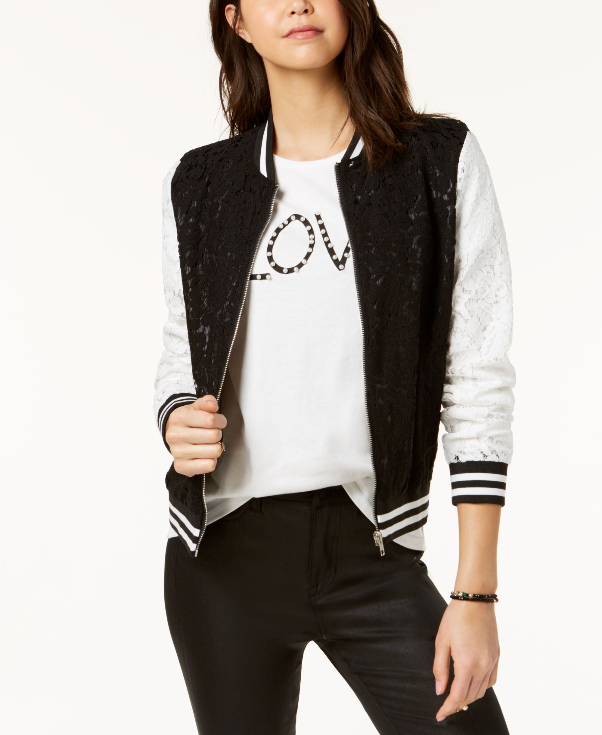 Say What Juniors Contrast Lace Varsity Jacket