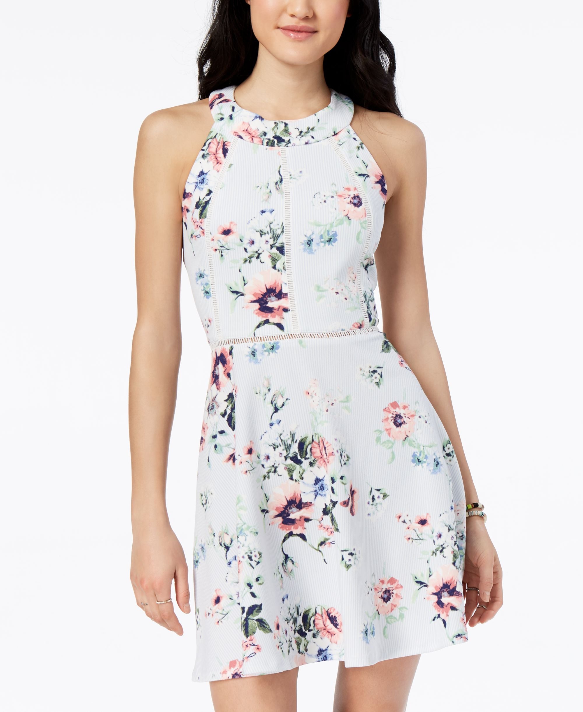 Crystal Doll Juniors Printed Crochet Trimmed Fit Flare Dress