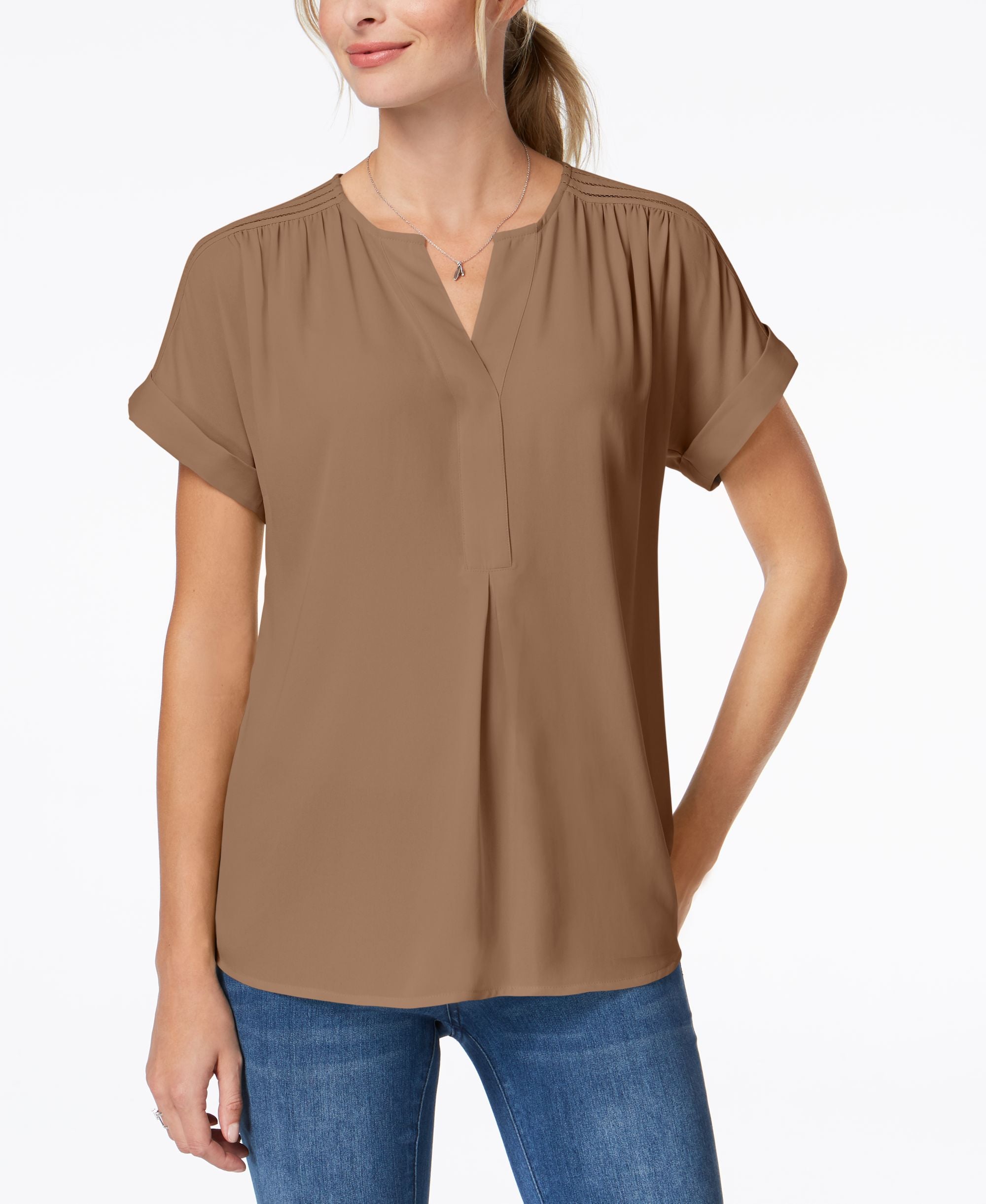 Charter Club Cuffed Sleeve Split Neck Top