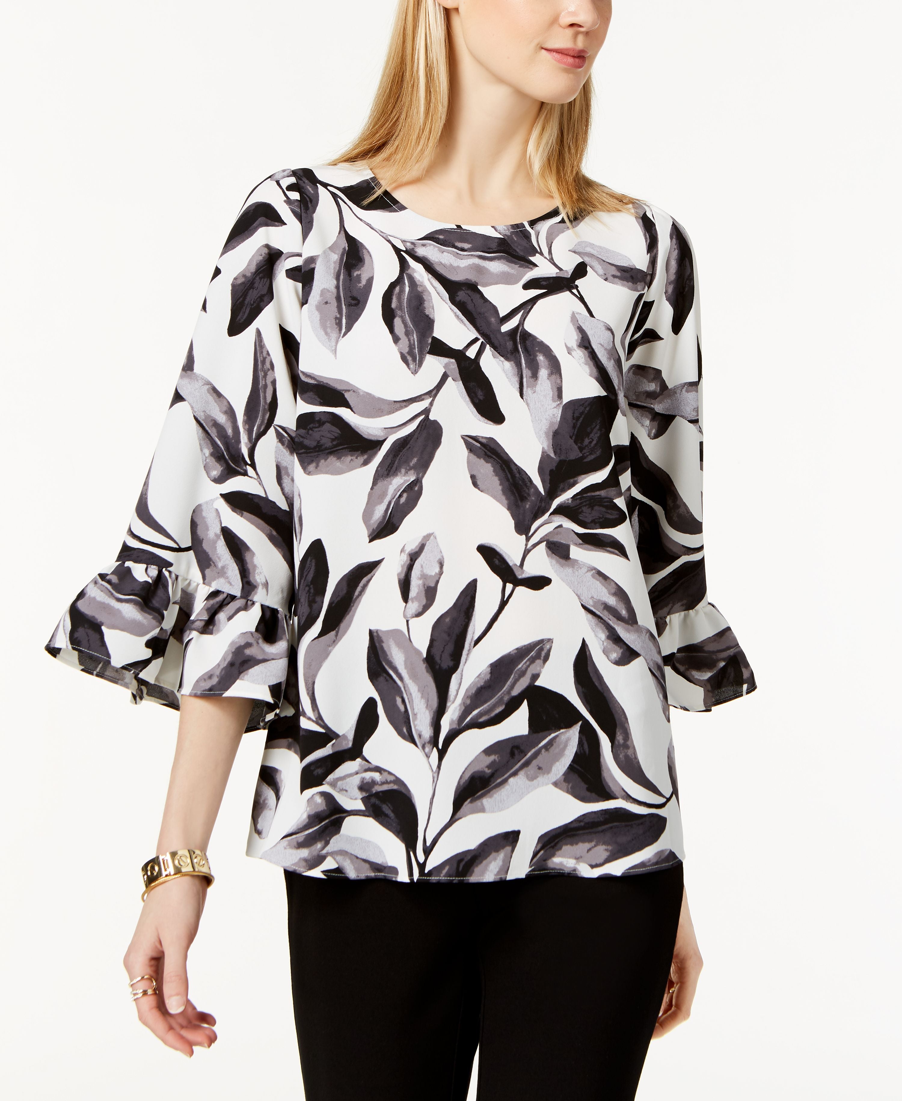 Alfani Printed Bell-Sleeve Blouse White Botanical Leaves M