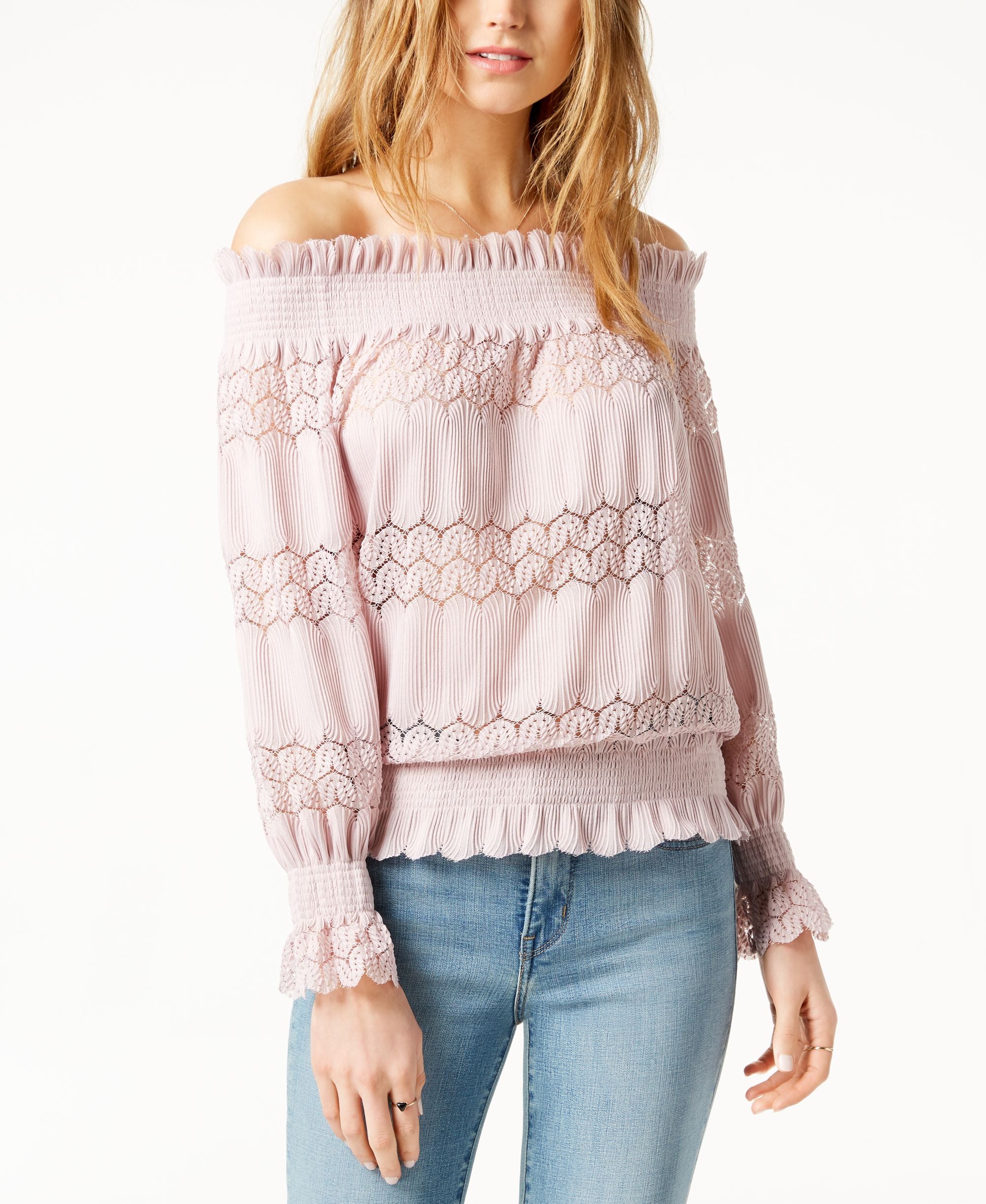 J.O.A. Lace Striped Smocked Hem Top