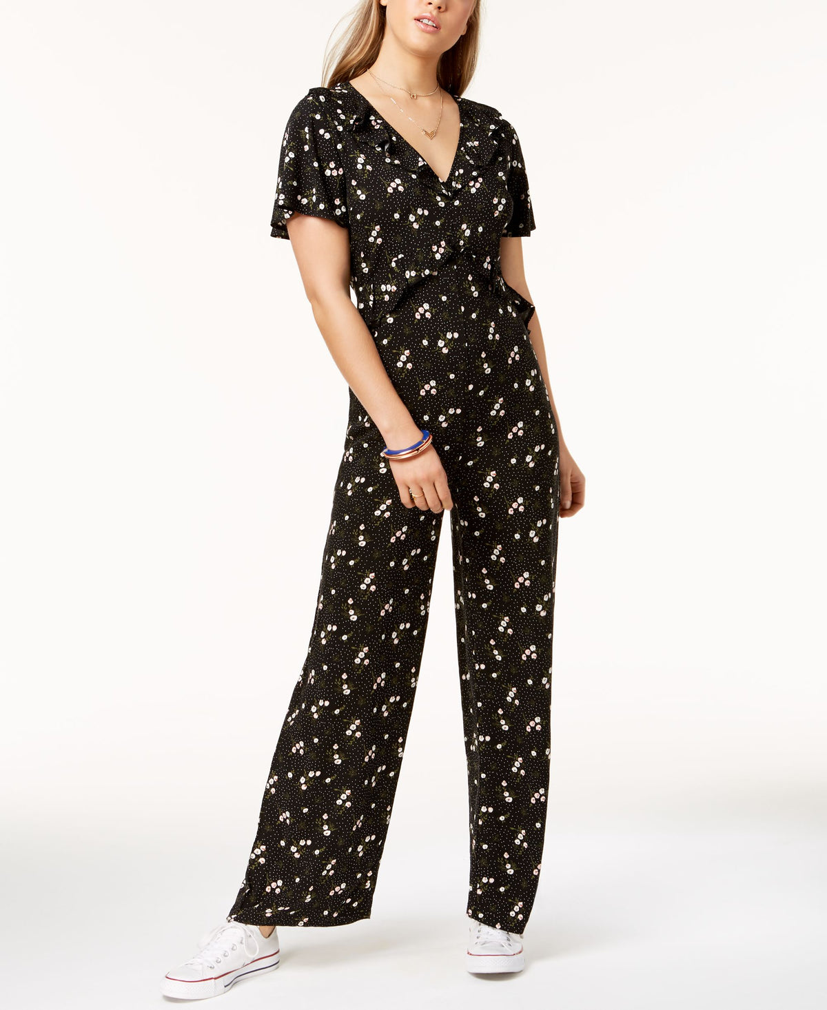 One Hart Juniors Printed Ruffled Jumpsuit