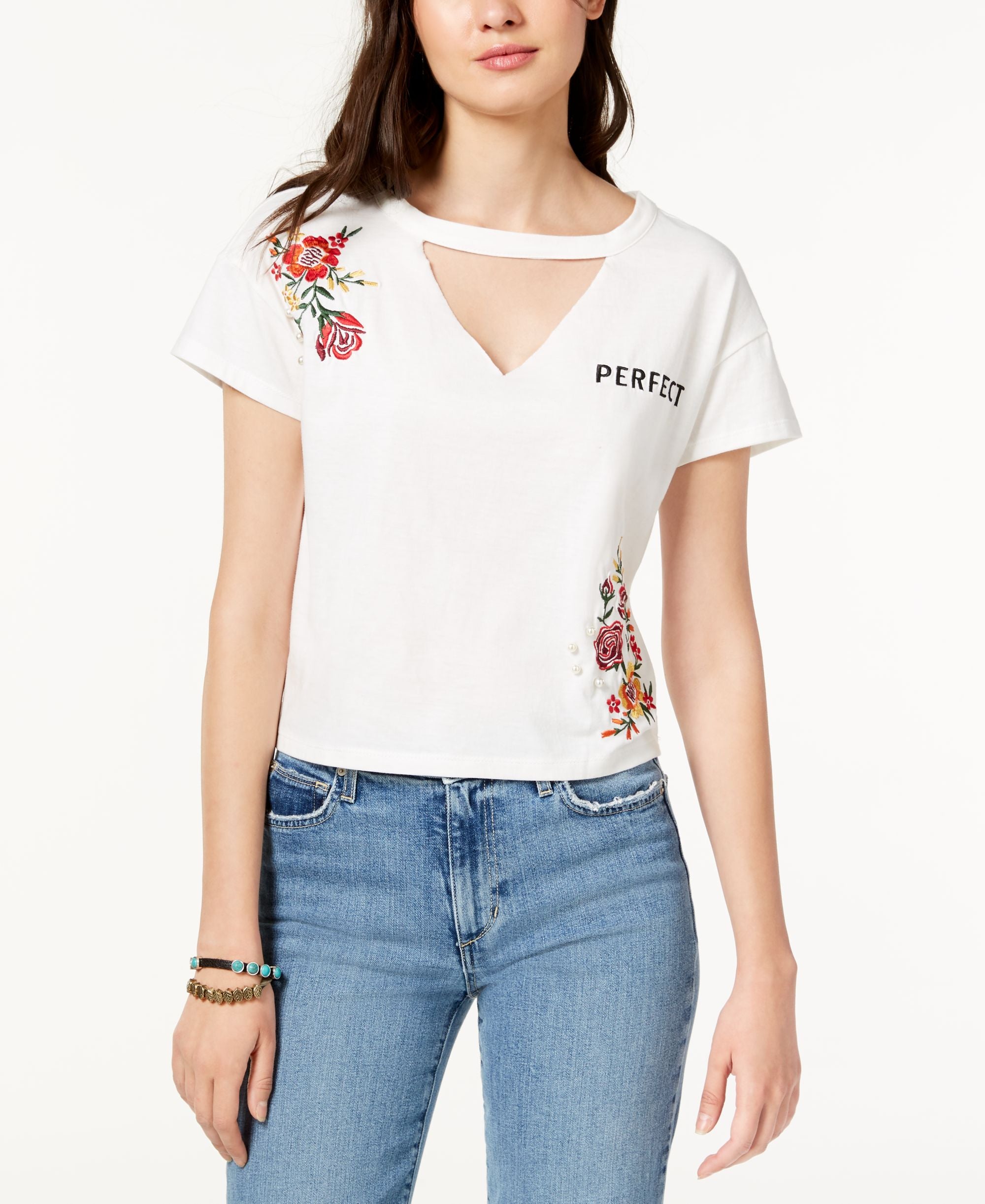 Crave Fame Juniors Embroidered Choker Neck T-Shirt