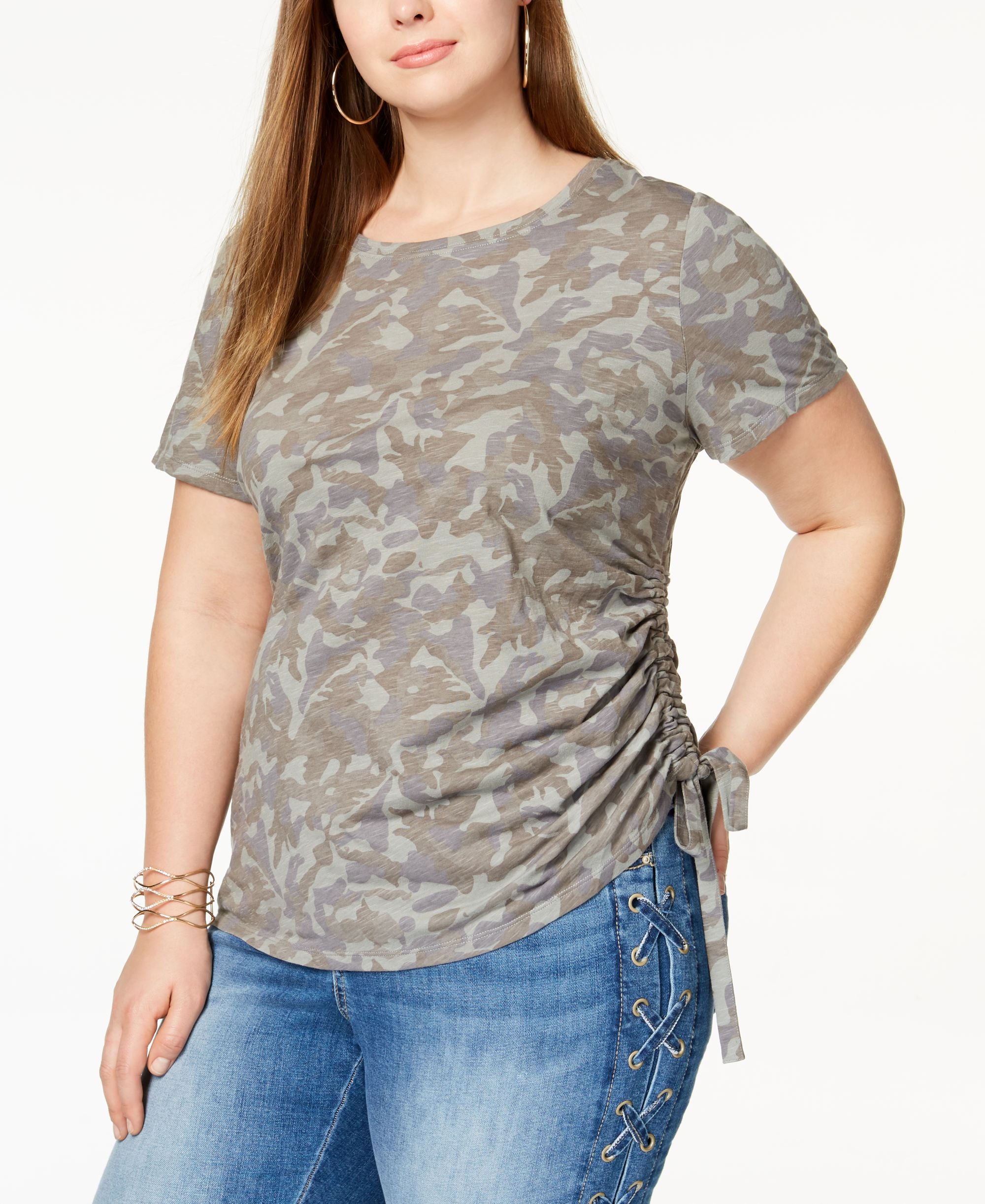 Plus Size Cotton Ruched Camo Print T-Shirt