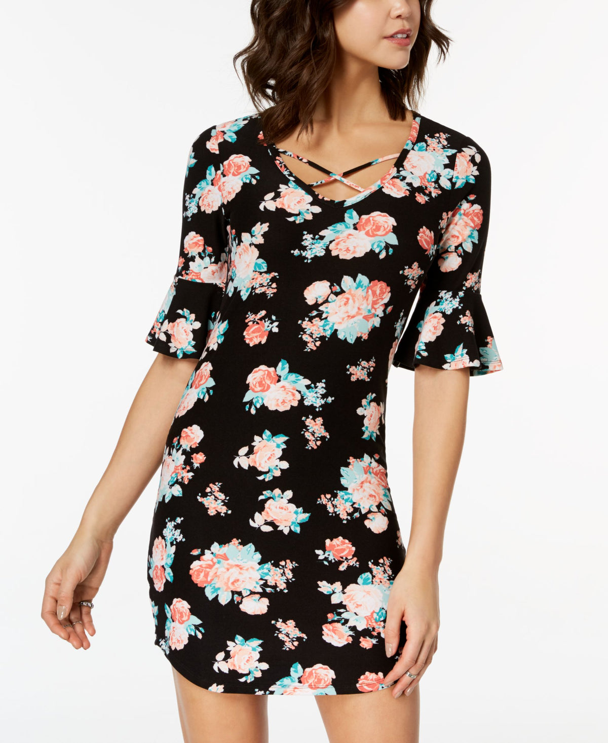 Juniors' Printed Ruffle-Sleeved Dress