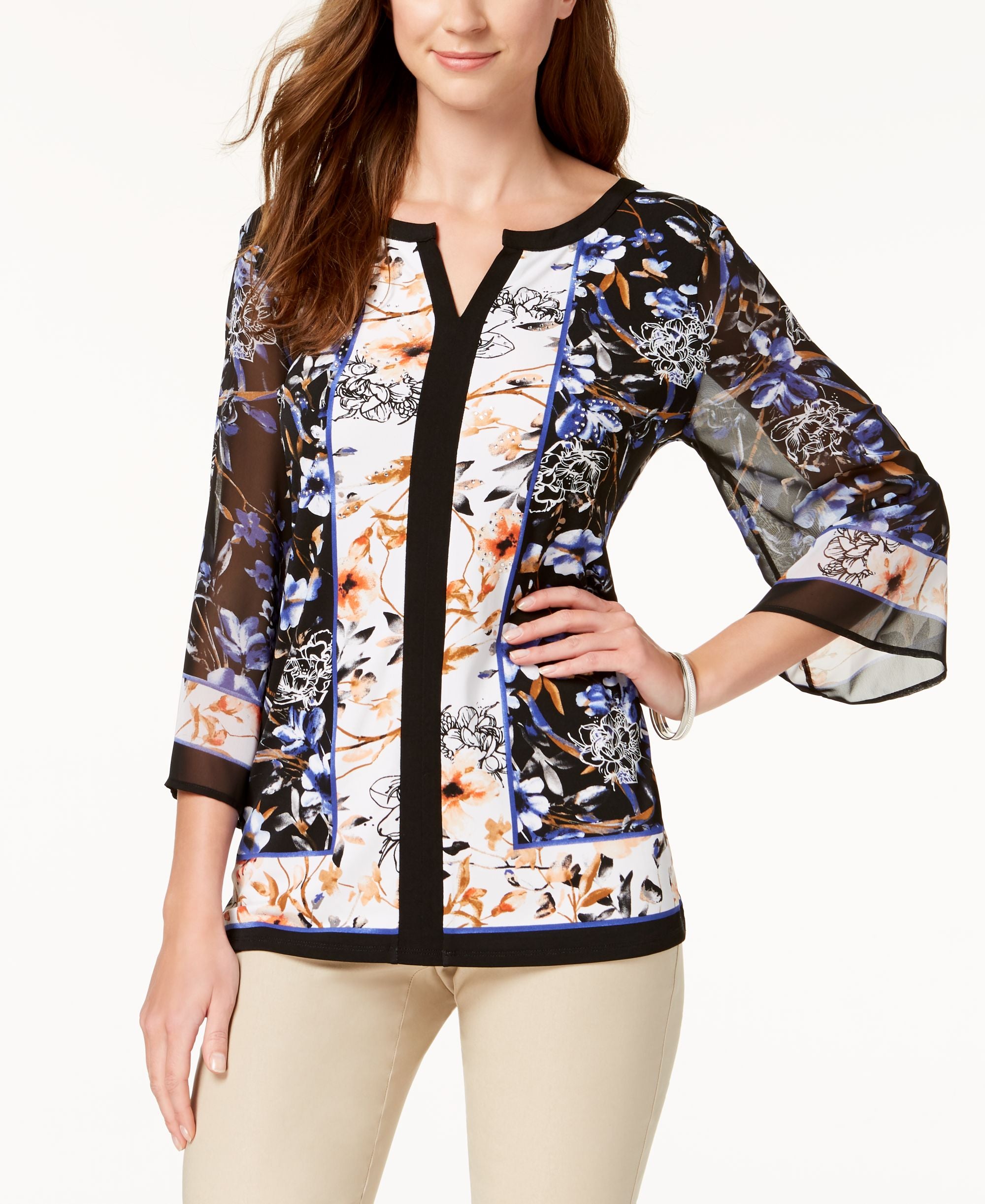 JM Collection Petite Printed Chiffon Sleeve Tunic