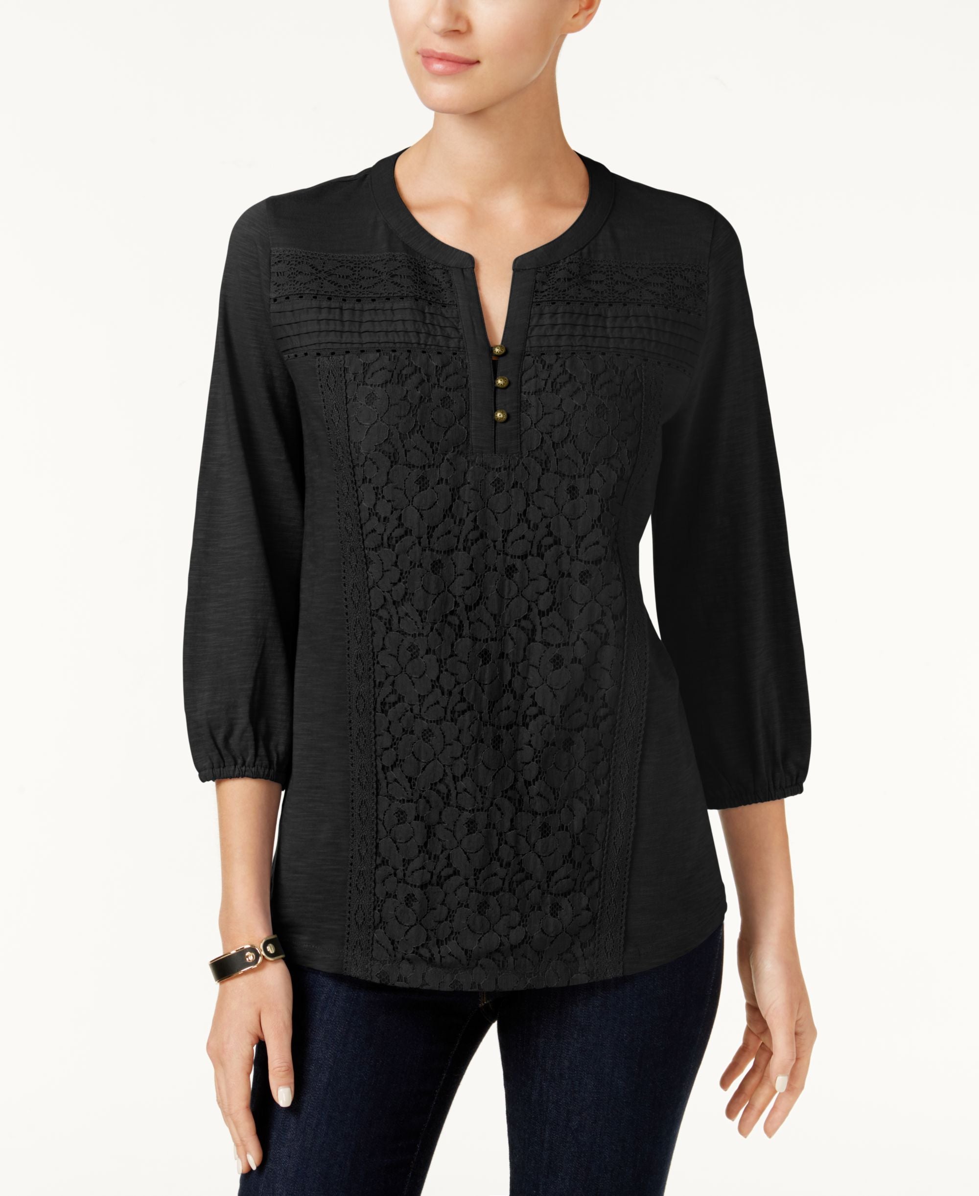 Style & Co Petite Lace Front Henley Top