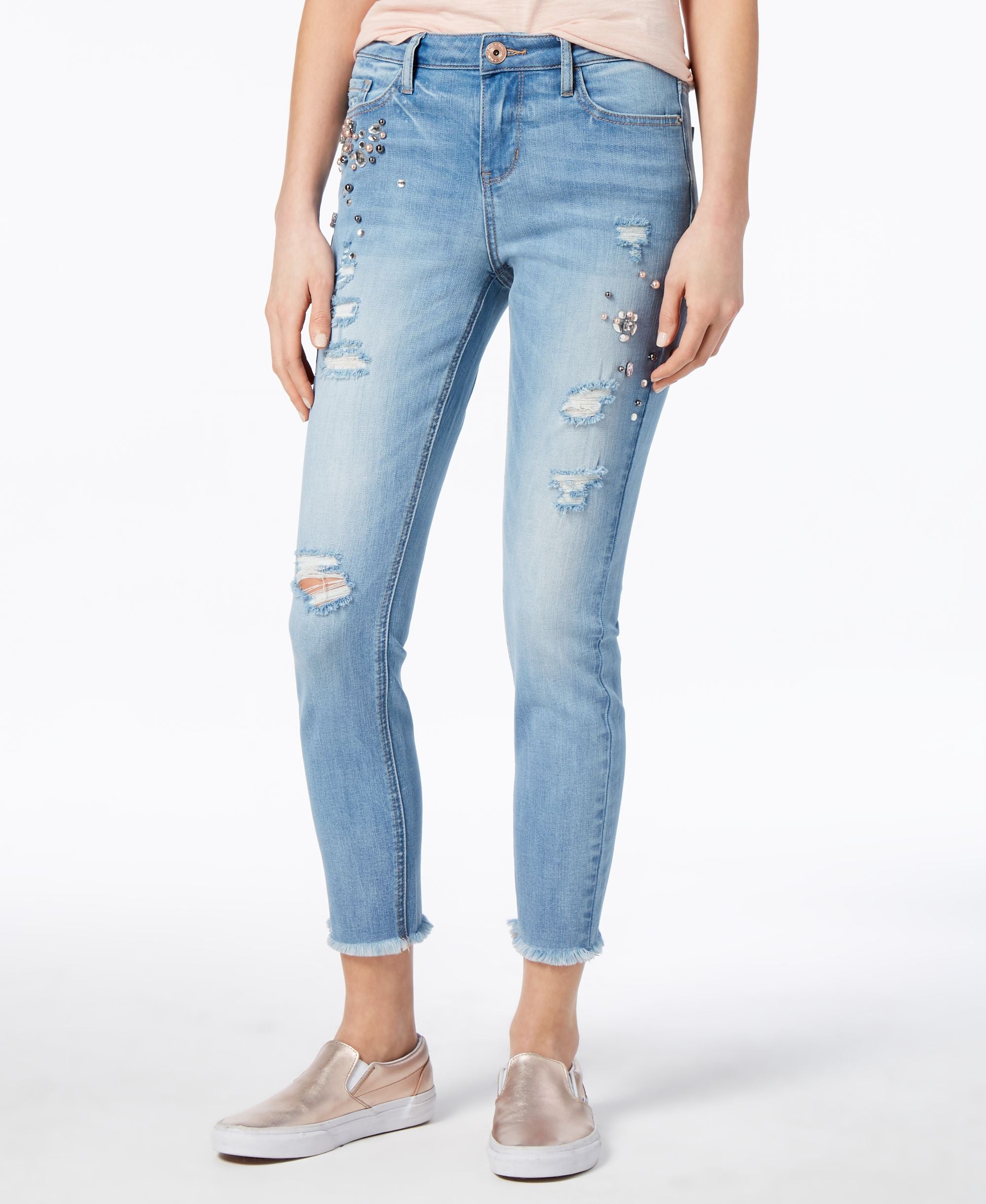 Vanilla Star Juniors Ripped Embellished Skinny Jeans