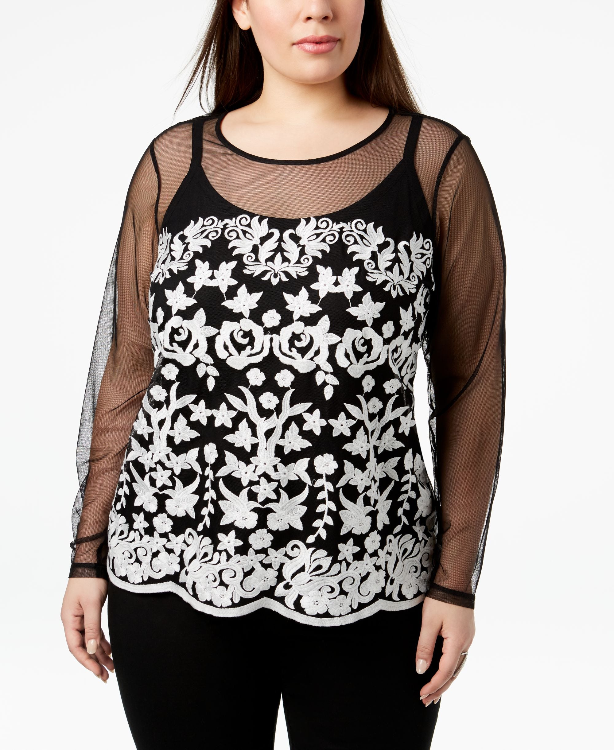 Plus Size Embroidered Illusion Top