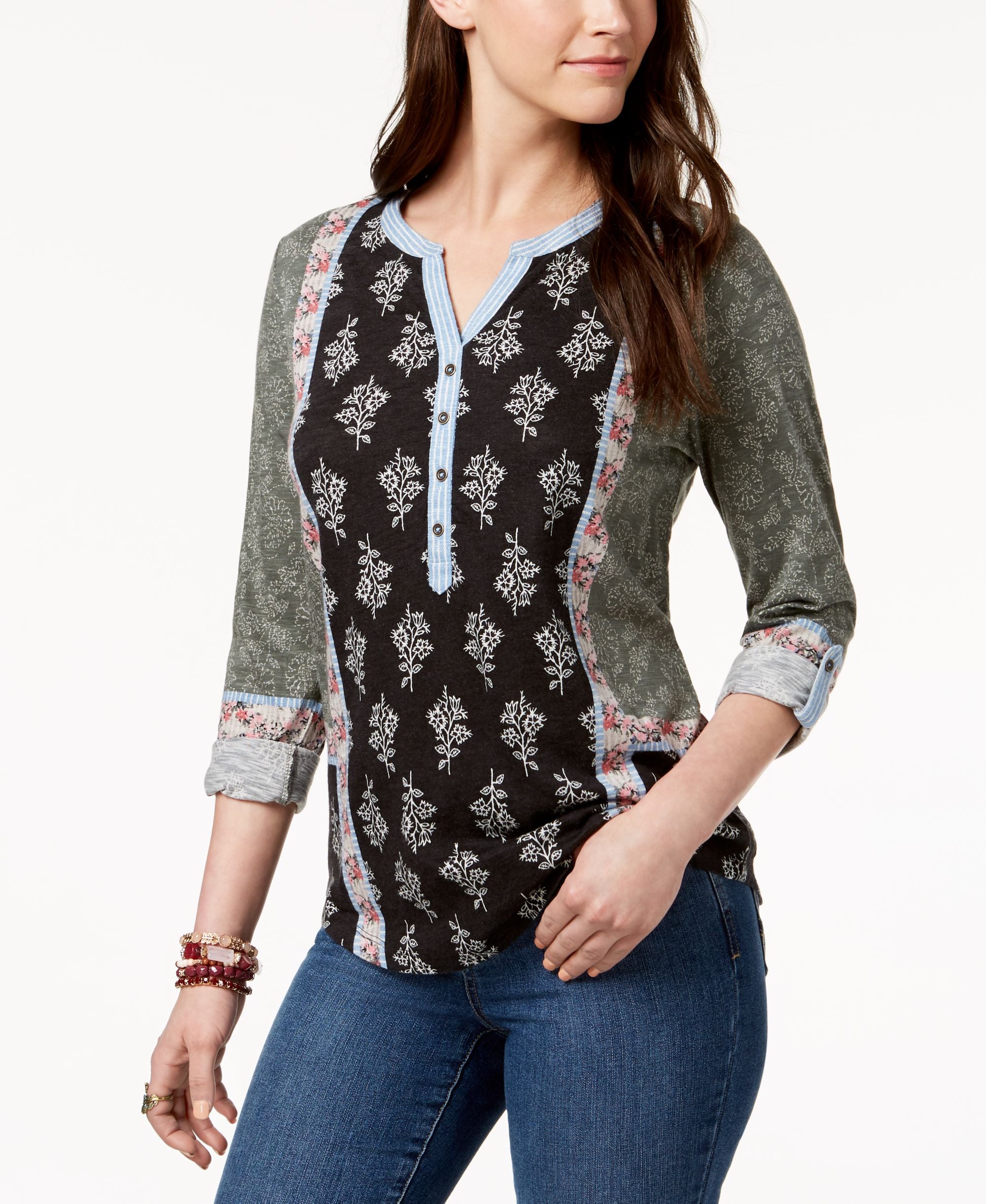 Style & Co Petite Mixed Print Roll Tab Top