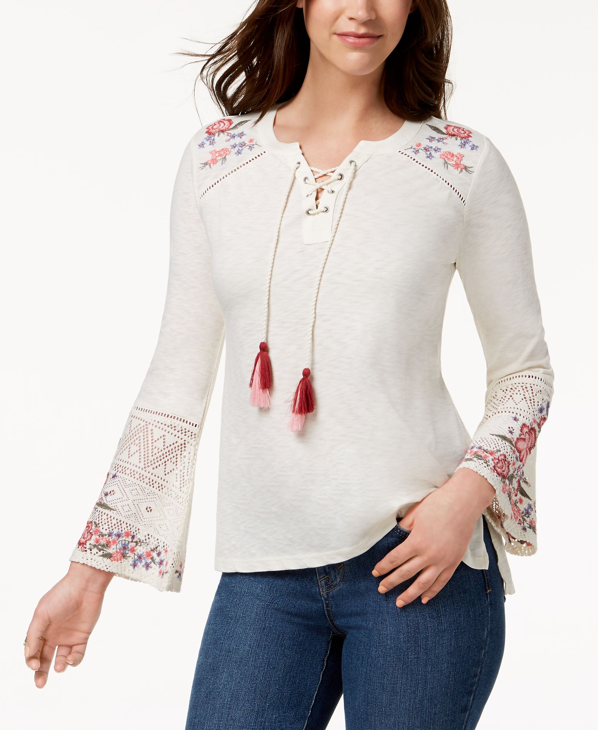 Style & Co Petite Lace Up Embroidered Top