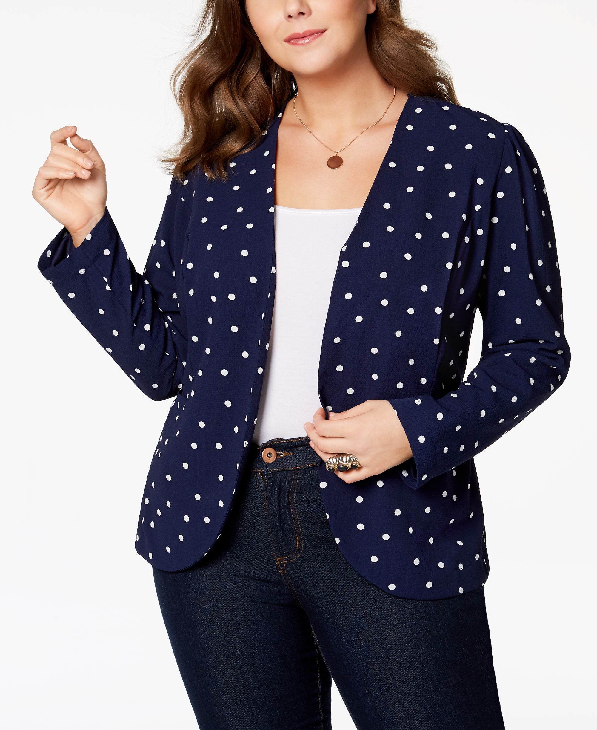 Monteau Trendy Plus Size Dot Print Open Front Blazer