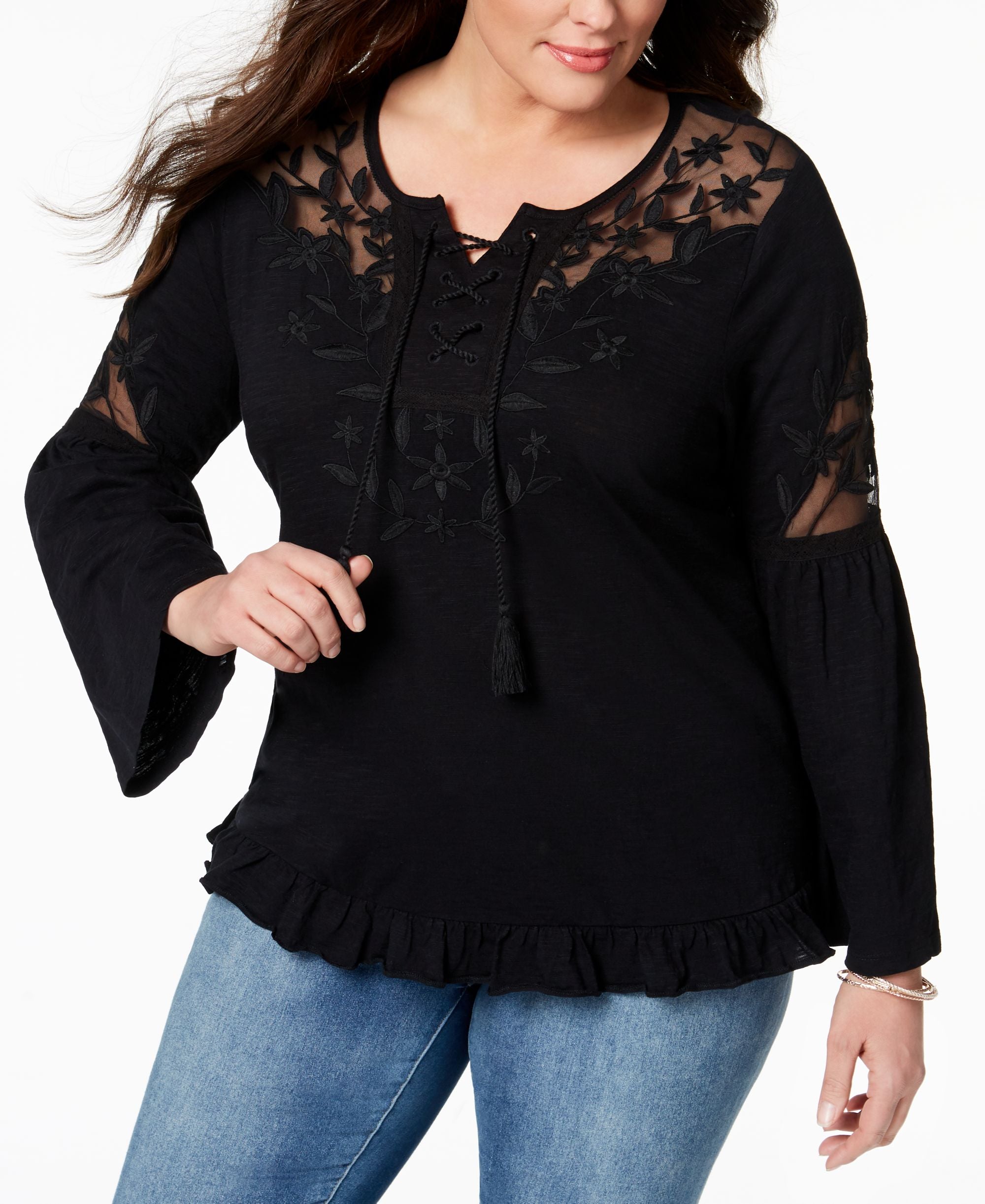 Style & Co Plus Size Lace Up Embroidered Peasant Top