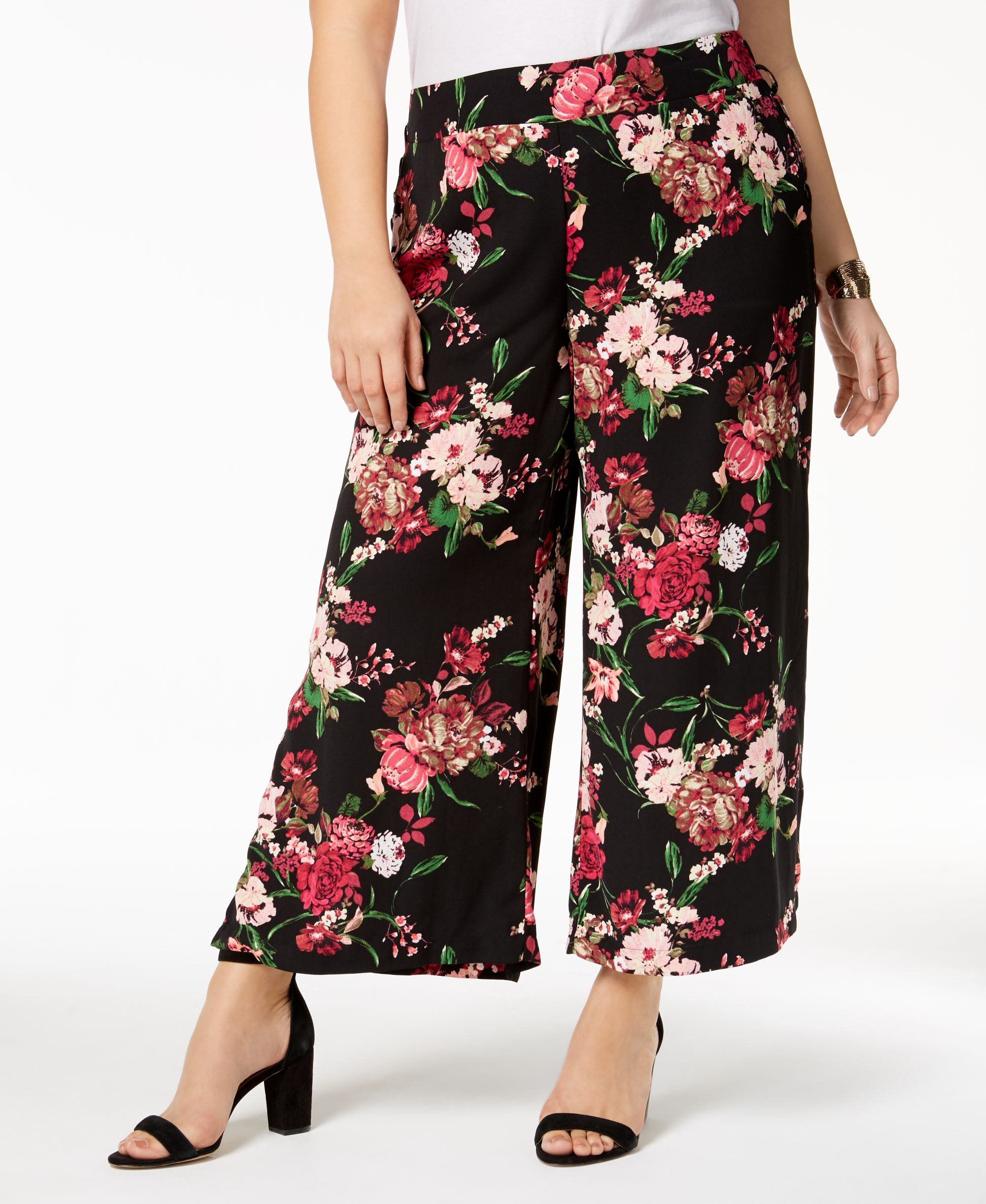 Plus Size Printed Cropped Wide Leg Pants