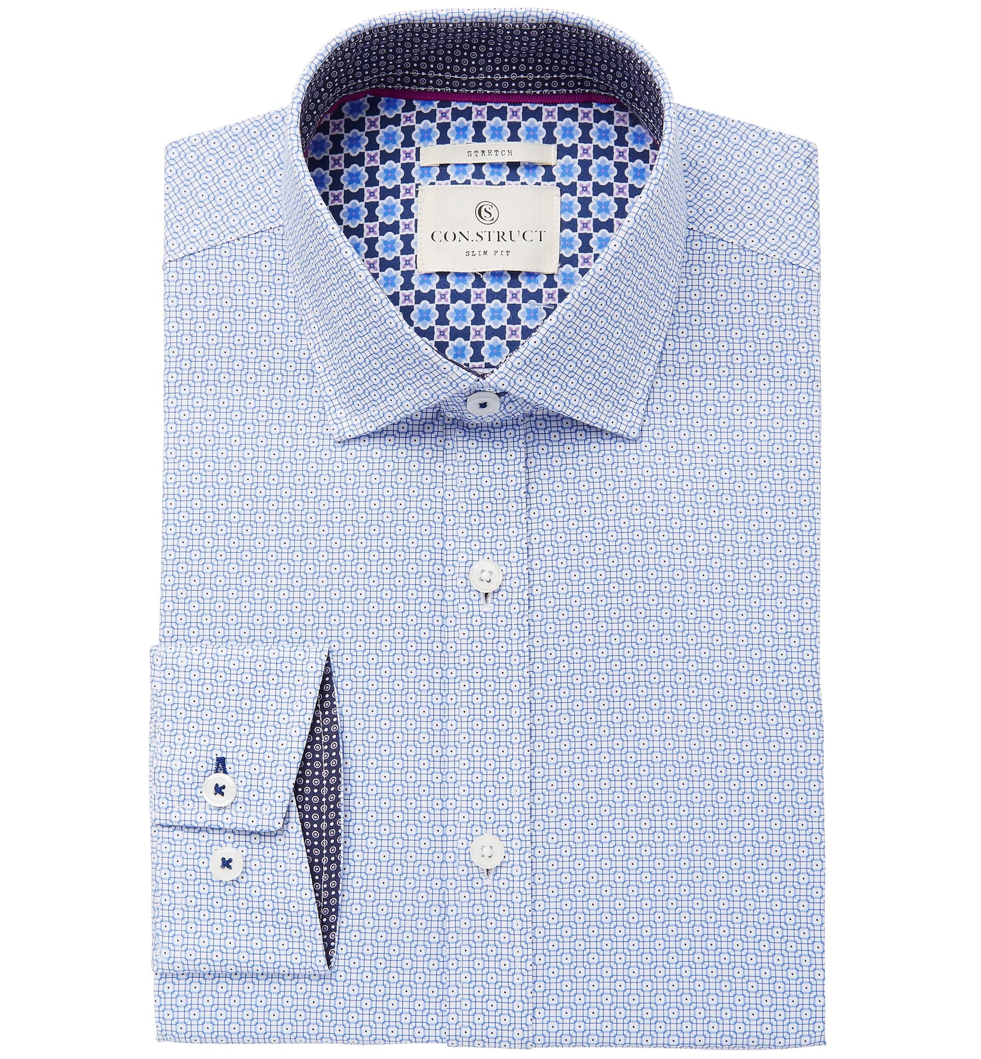 Con.struct Mens Slim Fit Stretch Blue Geometric Squares Dress Shirt