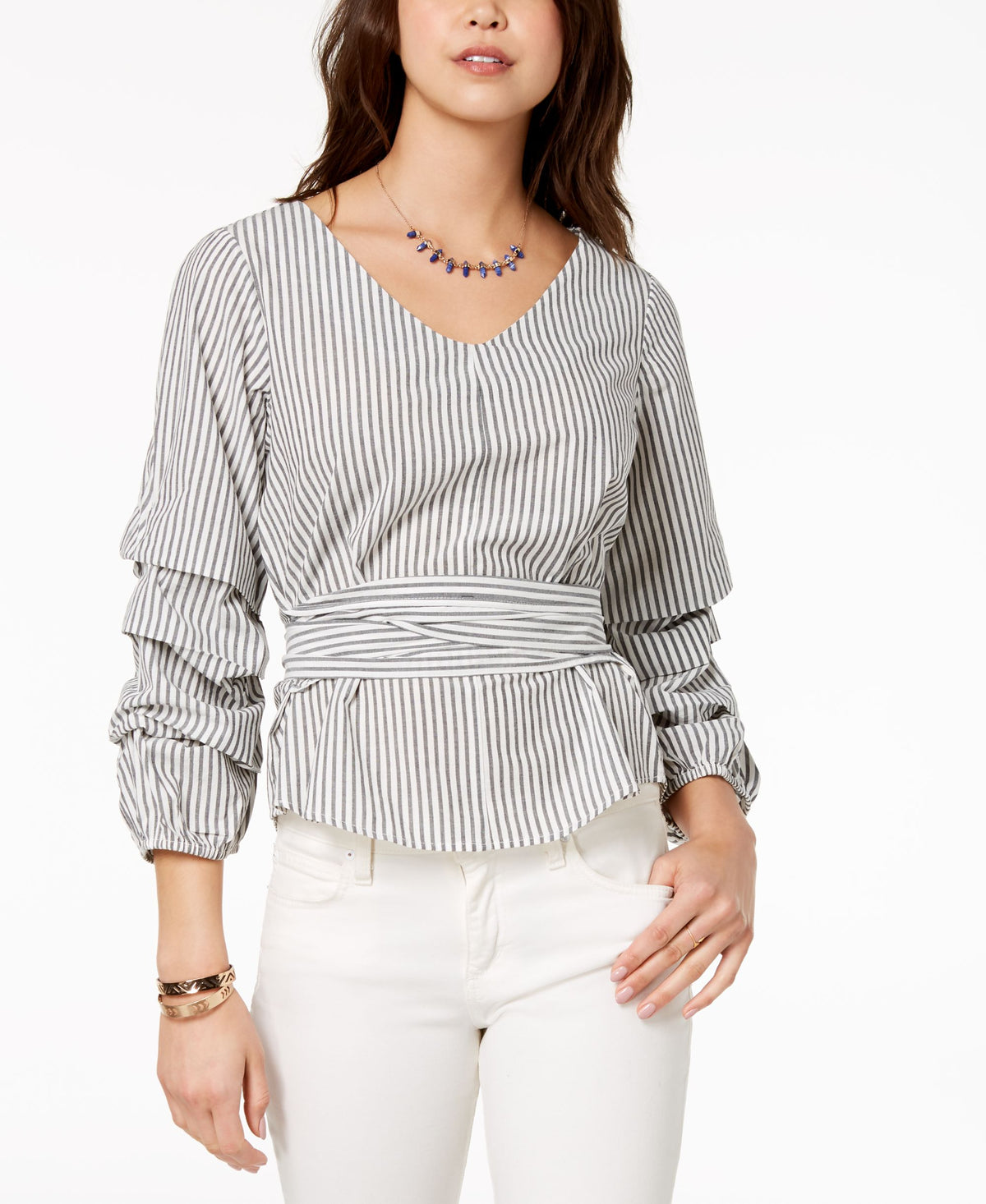 Juniors' Ruffle-Sleeved Tie-Front Blouse
